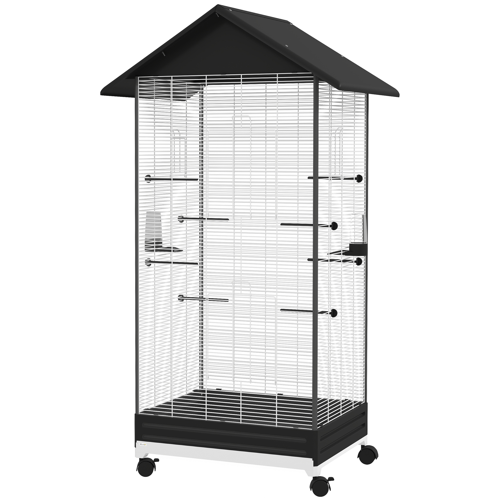 PawHut Vogelkäfig auf Rädern freistehende Innen-Voliere 2 Futternäpfe 8 Sitzstangen 79 x 65 x 155 cm Stahldraht schwarz