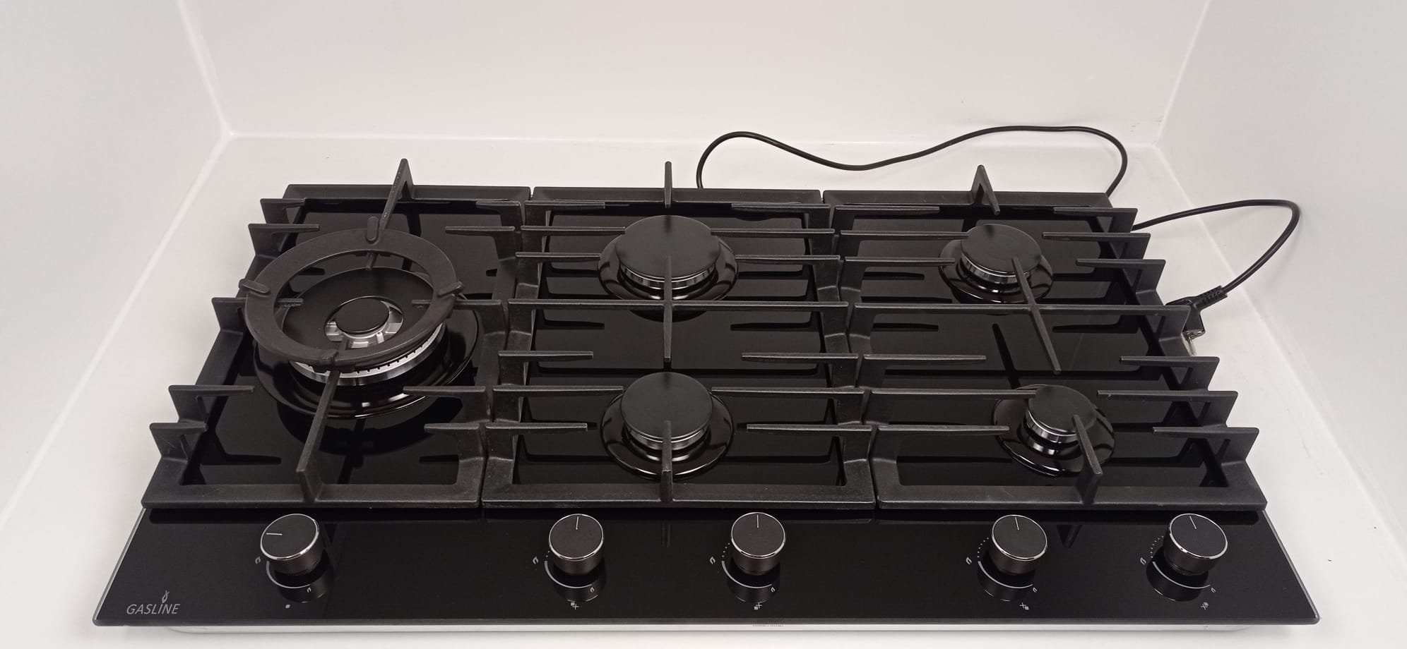 Gas-Kochfeld Einbau mit elektrische Zündung und Zündsicherung, 90cm breit, 5 flammig, 3,8kW Wok Brenner, autark GAG90GLG