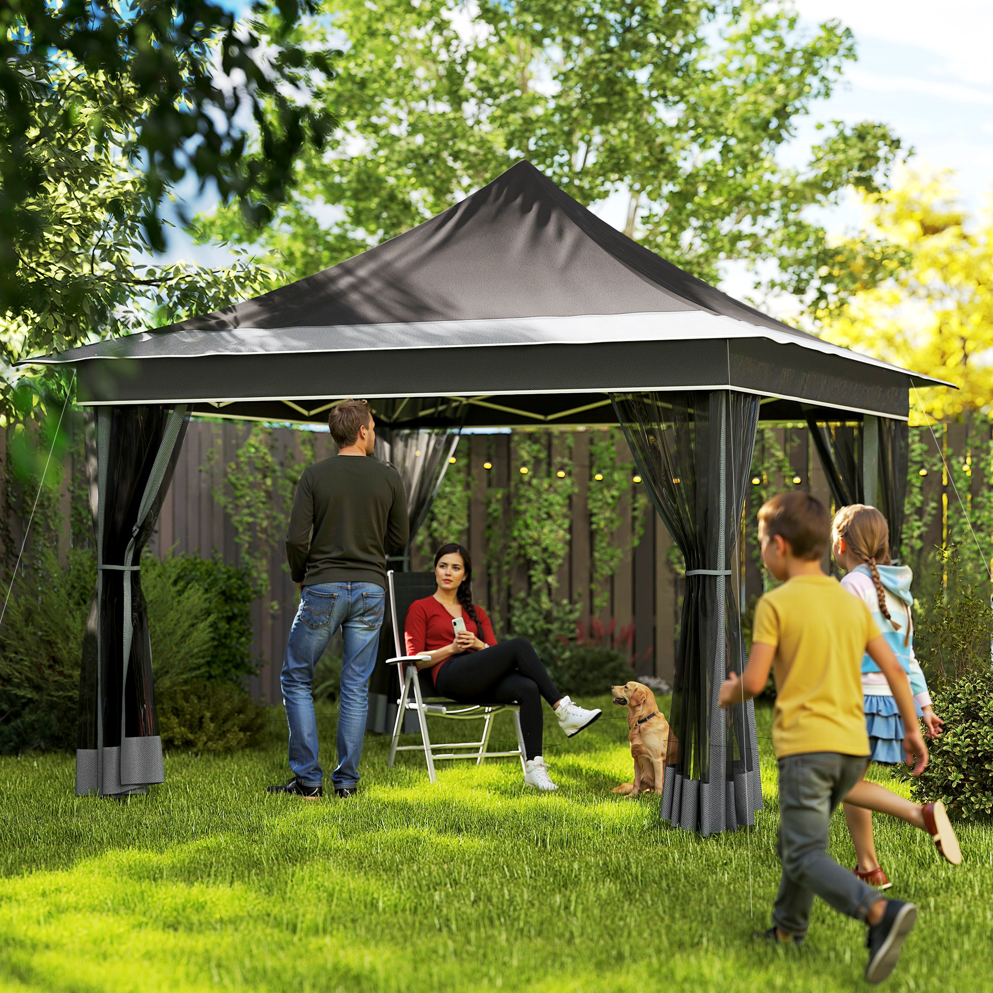 Outsunny Gartenpavillon mit höhenverstellbarem Moskitonetz, aus Polyestergewebe und Metall, 357x357x310 cm, Dunkelgrau