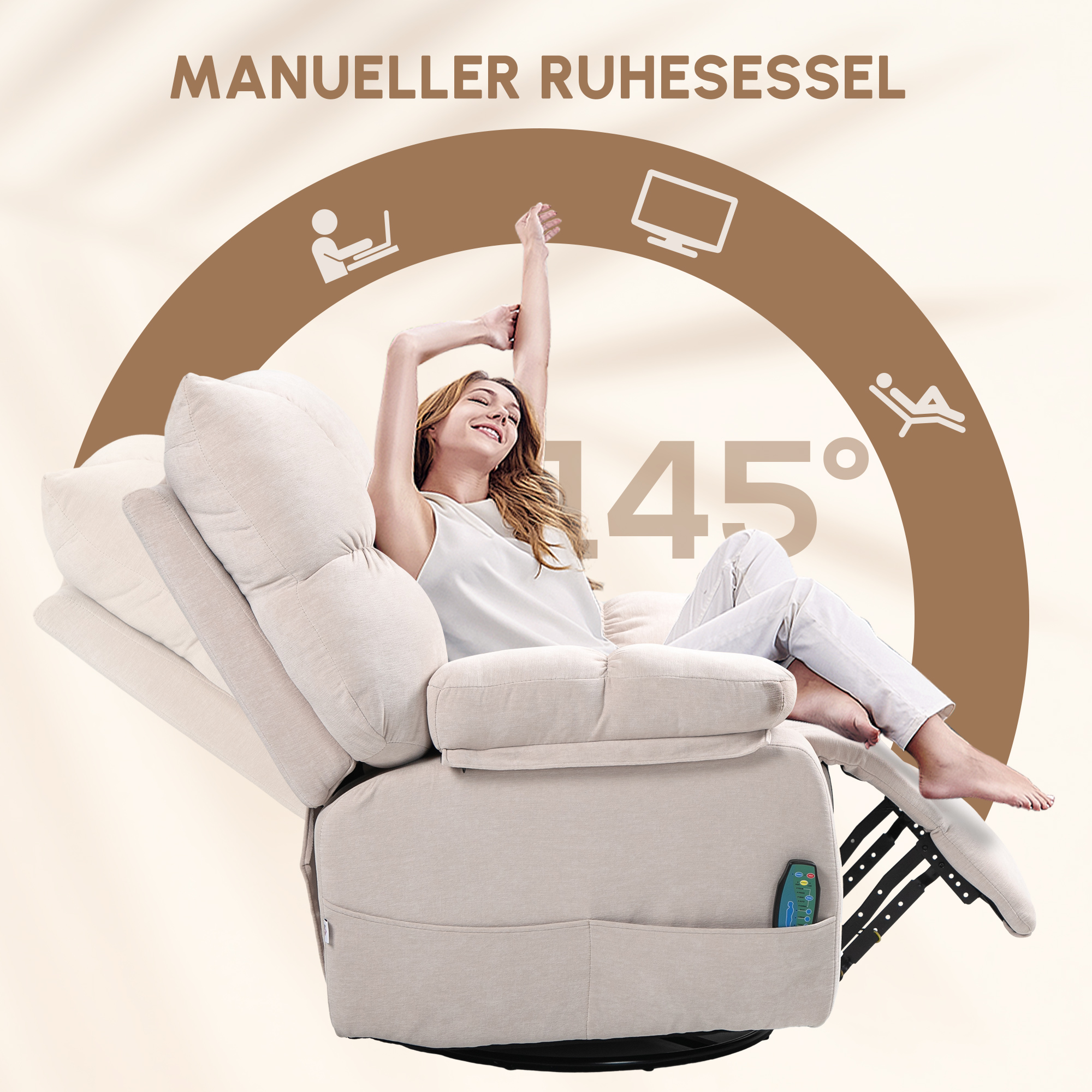 Massagestoel met Verwarmings- & Ligfunctie, Draaibaar, tot 150 kg, Metaal Frame, 98x90x98cm, Beige