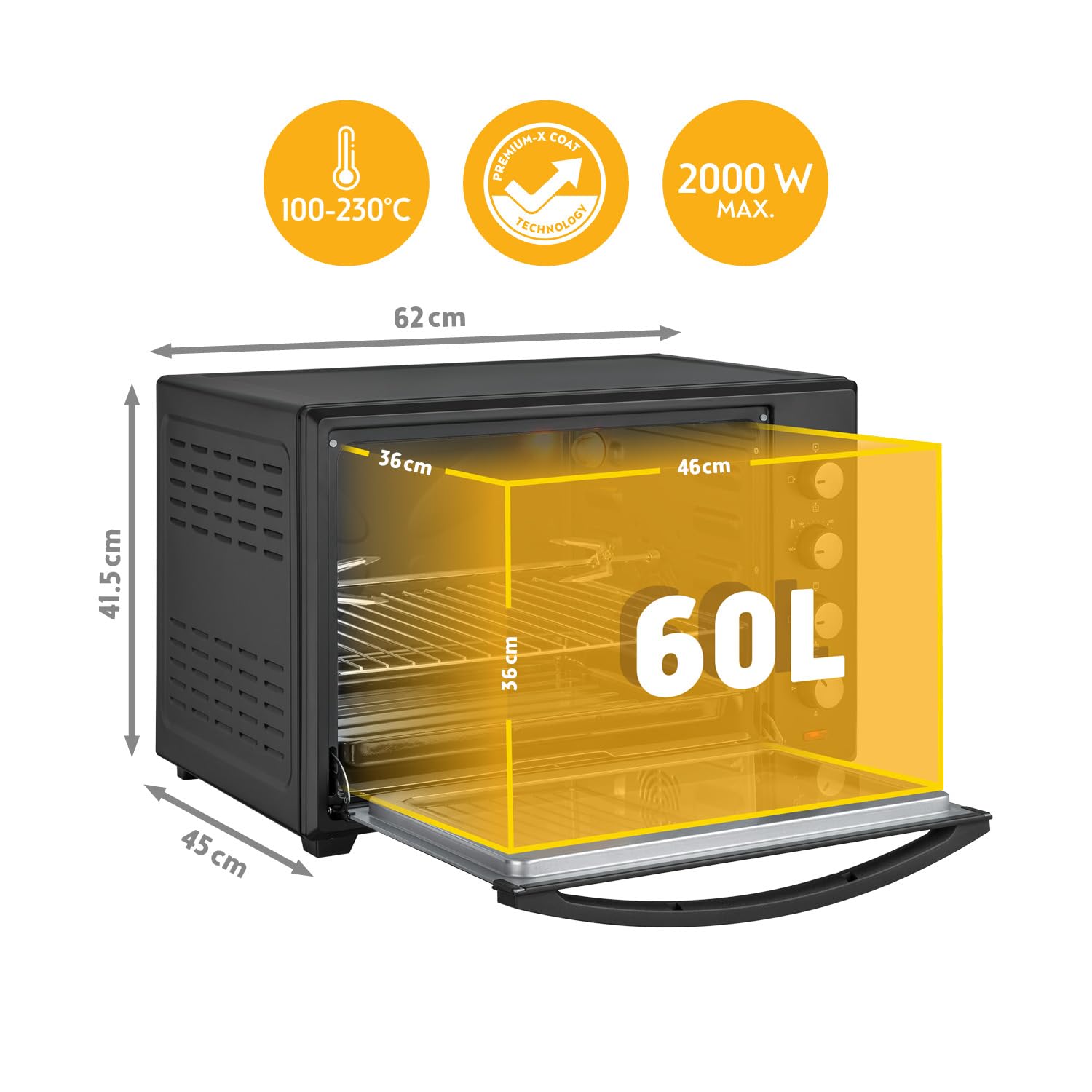 Minibackofen 60 L mit Umluft und Drehspieß, 2000 W, bis 230 °C, 60-Min-Timer, 4 Einschubhöhen, Backblech, Grillrost