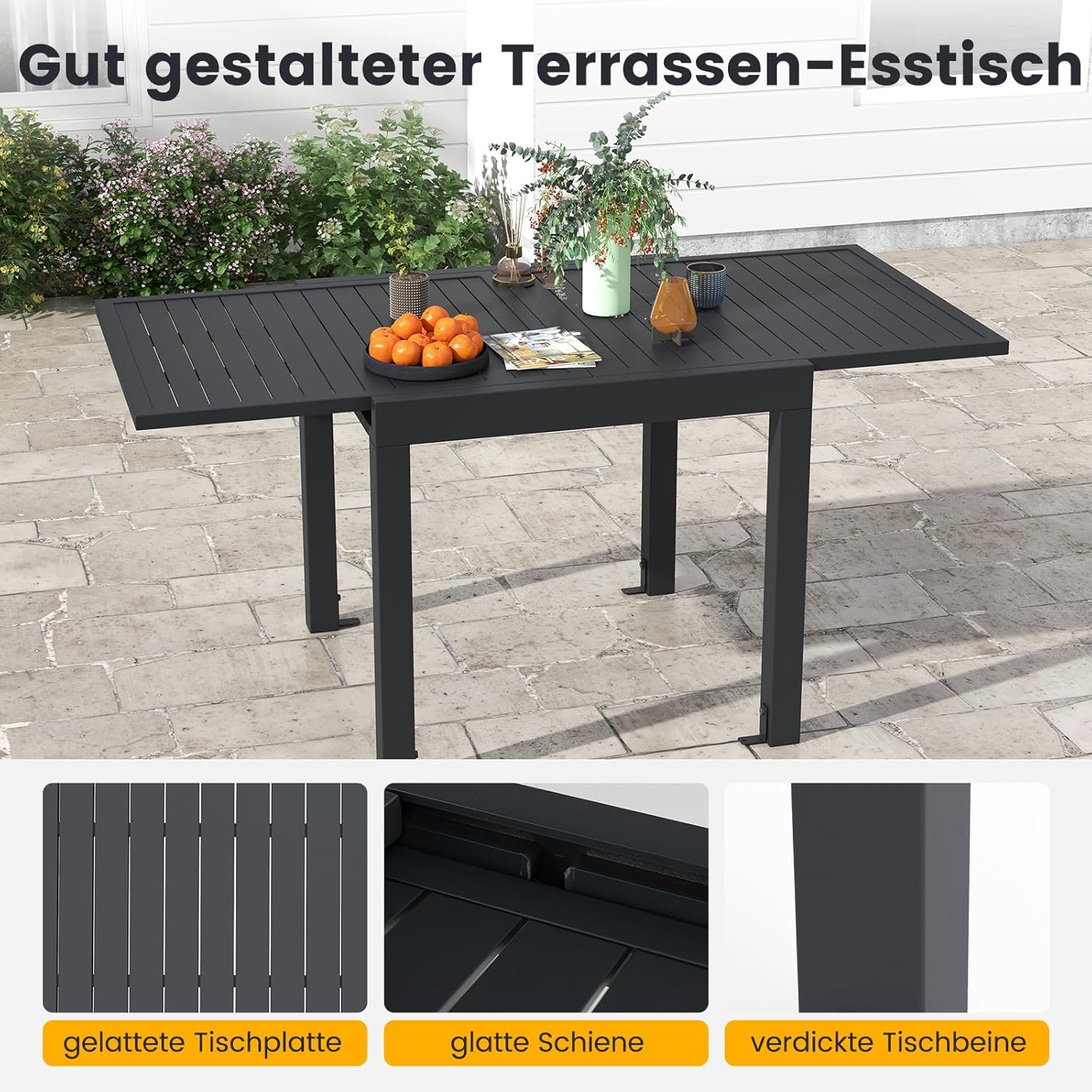 COSTWAY Gartentisch Aluminium ausziehbar, 80/160x80cm, Esstisch wetterfest, rechteckiger Terrassentisch mit Lattentischplatte für 4-6 Personen, Ausziehtisch für Garten, Terrasse