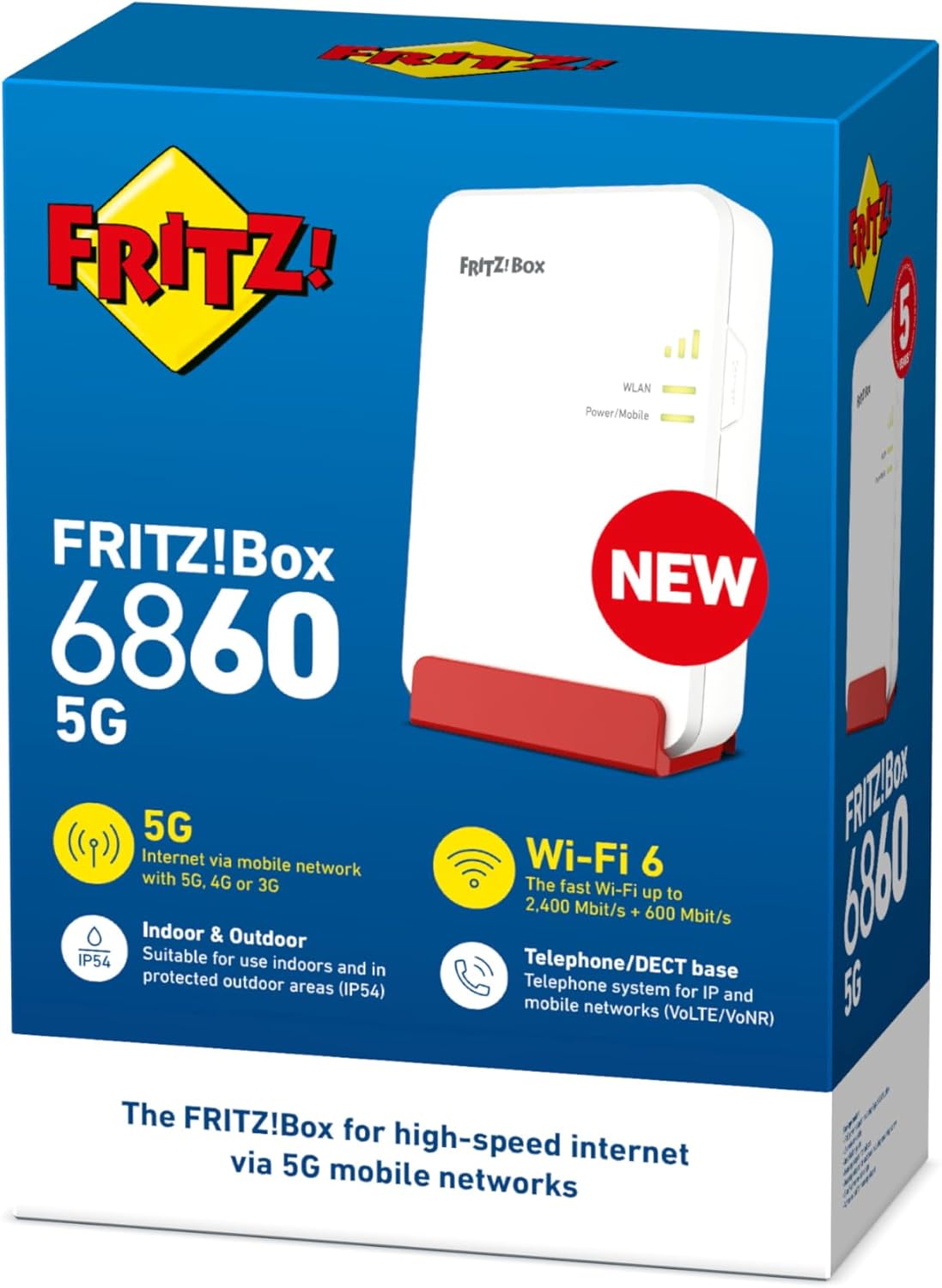 FRITZ!Box 6860 5G Edition International – Router 5G/LTE fino a 1.300 Mbit/s, Wi-Fi 6 fino a 3.000 Mbit/s, Power over Ethernet (PoE+), resistente a polvere e spruzzi, base DECT e Mesh