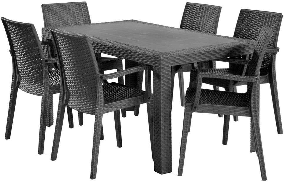Dimaplast2000 AMZ004 Set Garden Top Table and 6 Armchairs in Resin Rattan Effect for Garden, Anthracite, 140 x 80 x 72 cm