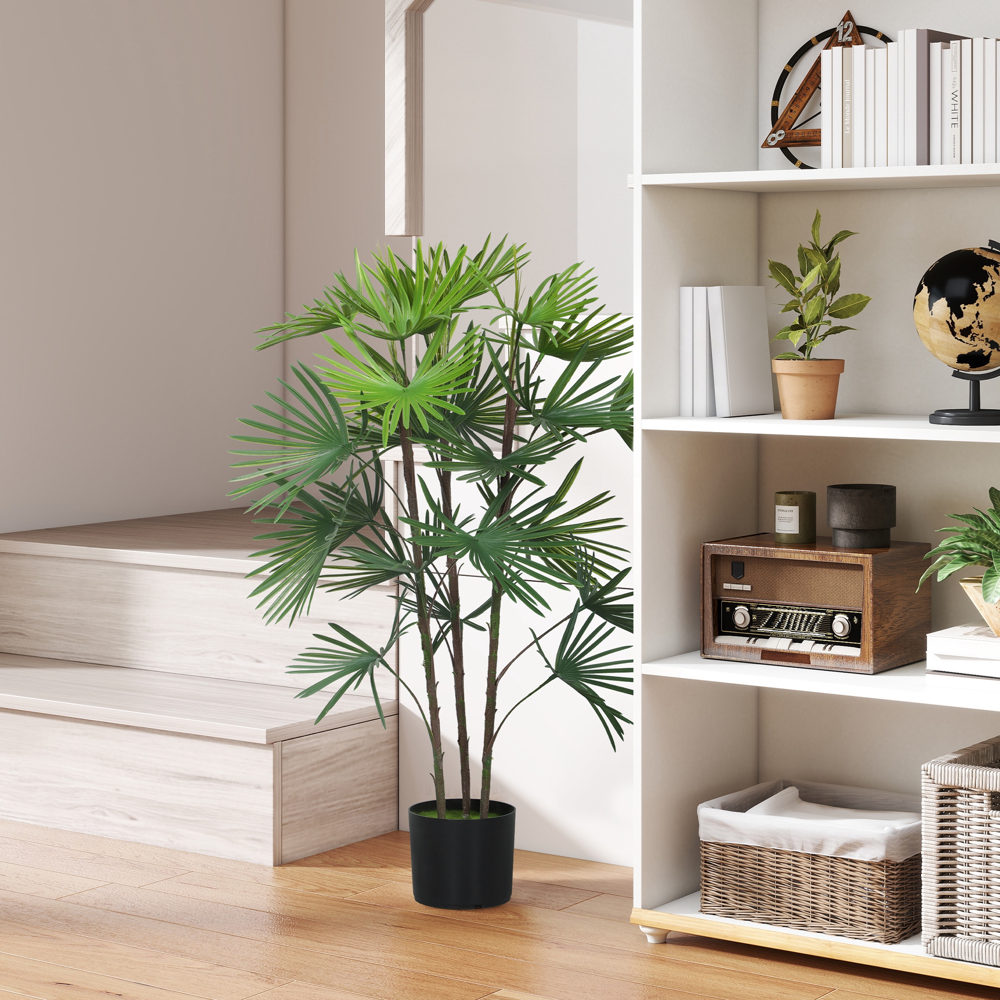 HOMCOM Künstliche Palme 90 cm mit 24 grünen Kunststoffblättern und Ø16,5x13,5 cm Topf