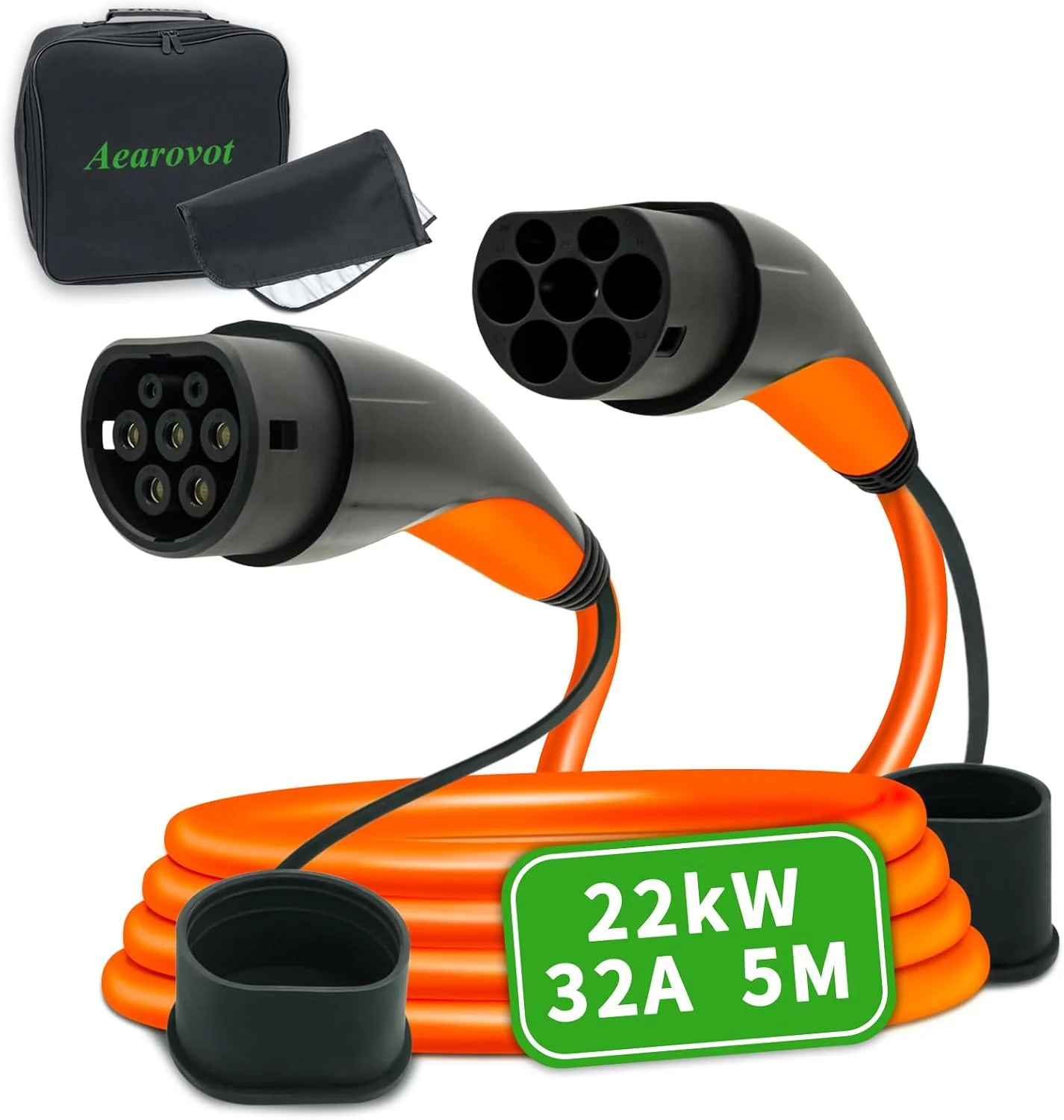 Aearovot Ladestationenzubehör, 22 kW, 5m, Orange, Typ 2 Ladekabel [32A 3-phasig Modus 3, IEC 62196-2 ] Elektroauto Ladekabel mit Aufbewahrungstasche