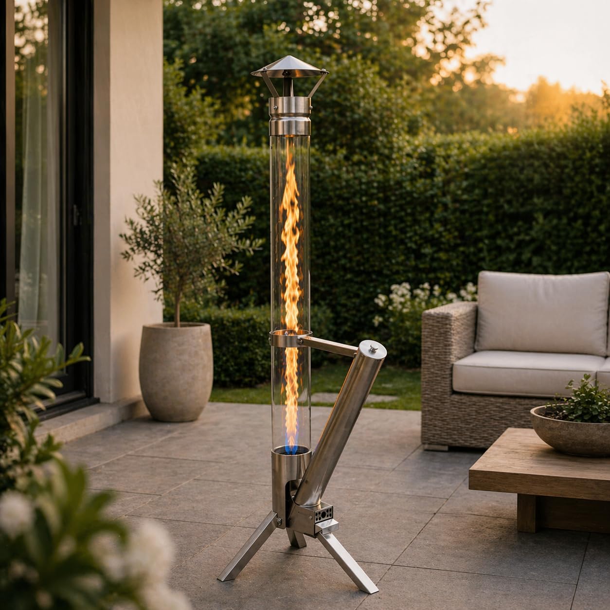 Eden Outdoor Feuerrohr Klassik,Edelstahl Feuersäule und Pelletfackel, Elegante Terrassenheizer und Gartenkamin, stilvolles Terrassenfeuer, langlebig und wetterfest, Alternative für Deine Terrasse und