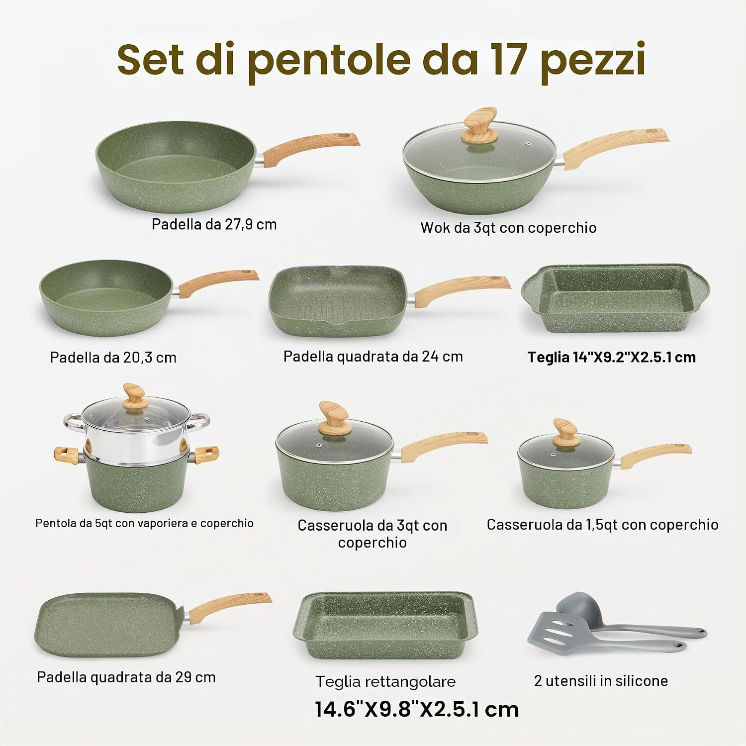 Kitchen Academy Set di Pentole e Padelle a Induzione, 17 Pezzi, Verde
