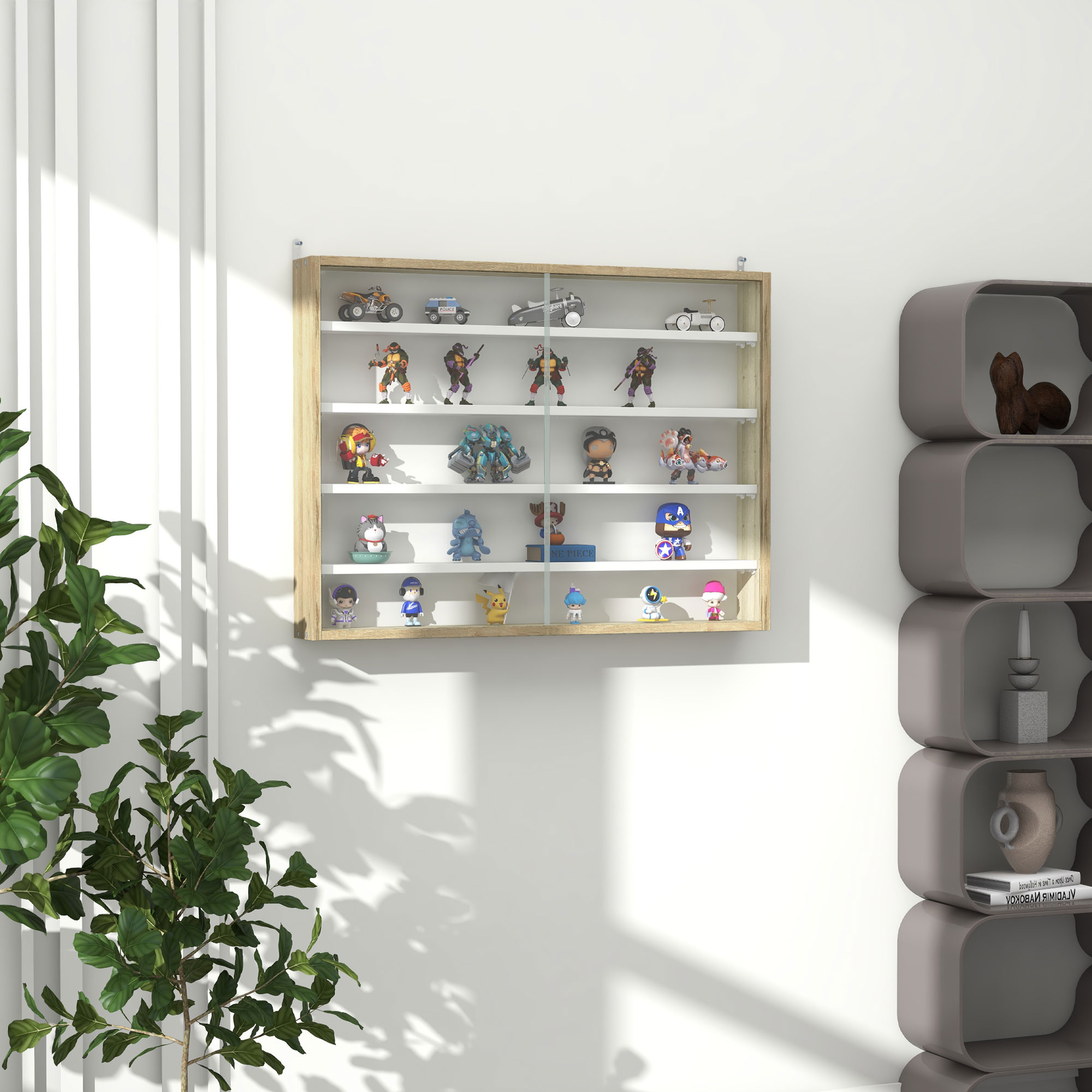 HOMCOM Vitrine für Sammlung Wandvitrine 80 x 9,5 x 60 cm 4 verstellbare Regale 2 Schiebetüren aus Glas