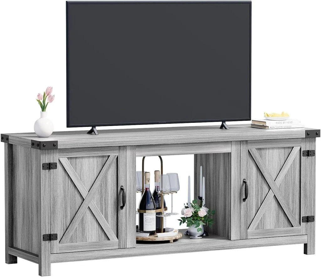 YESHOMY Fireplace TV Stand with Two Barn Doors and Storage Cabinets for Televisions up to 65+ Inch. Entertainment Center Console Table. Media Furniture for Living Room. 58 Inch