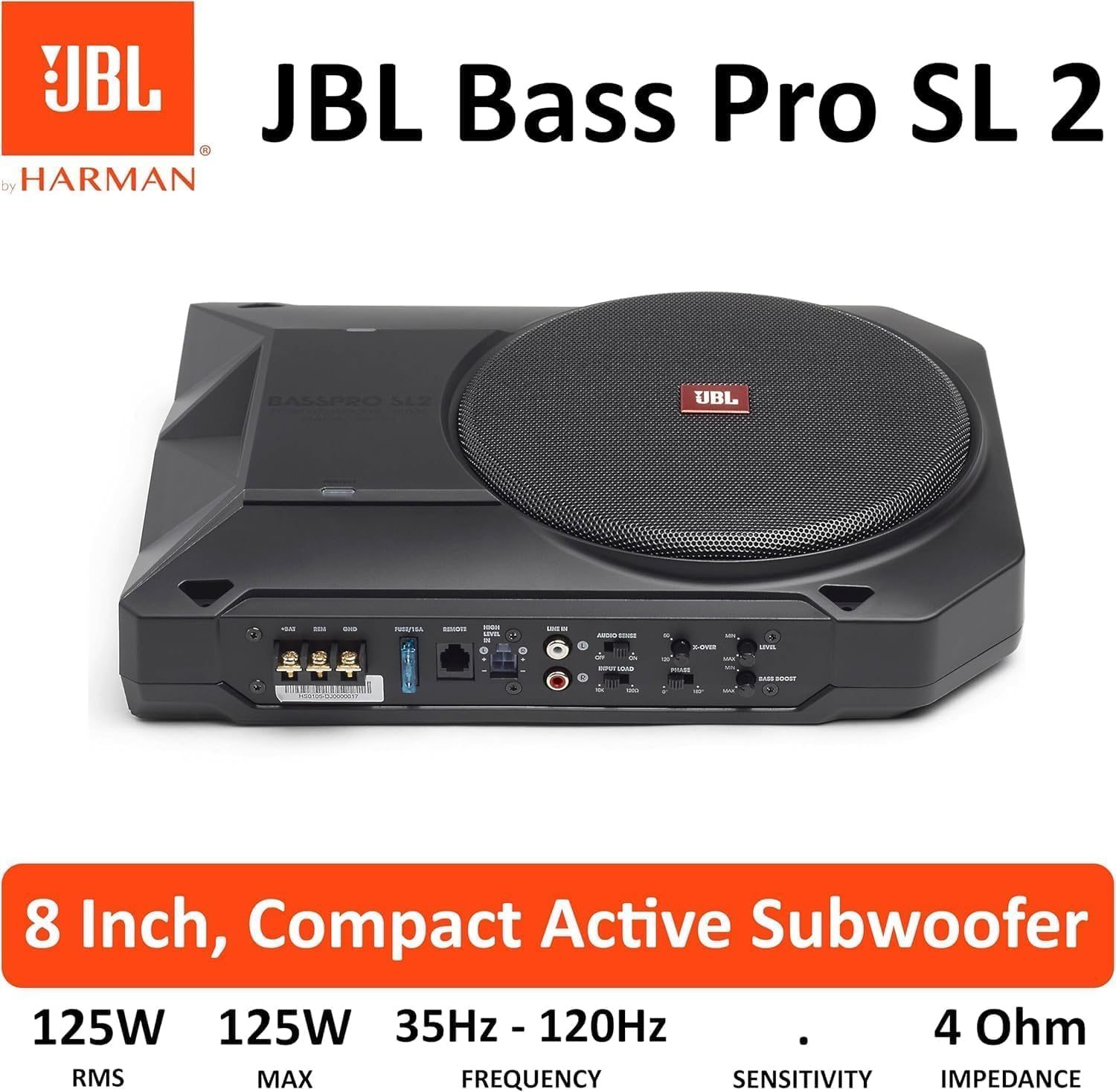 JBL BassPro SL2 Aktiv Subwoofer Auto Set - Car hifi Untersitz Bassbox Gehäuse mit Bassreflex Woofer box groß 200mm und 125 Watt aktiver Verstärker, Schwarz, 44
