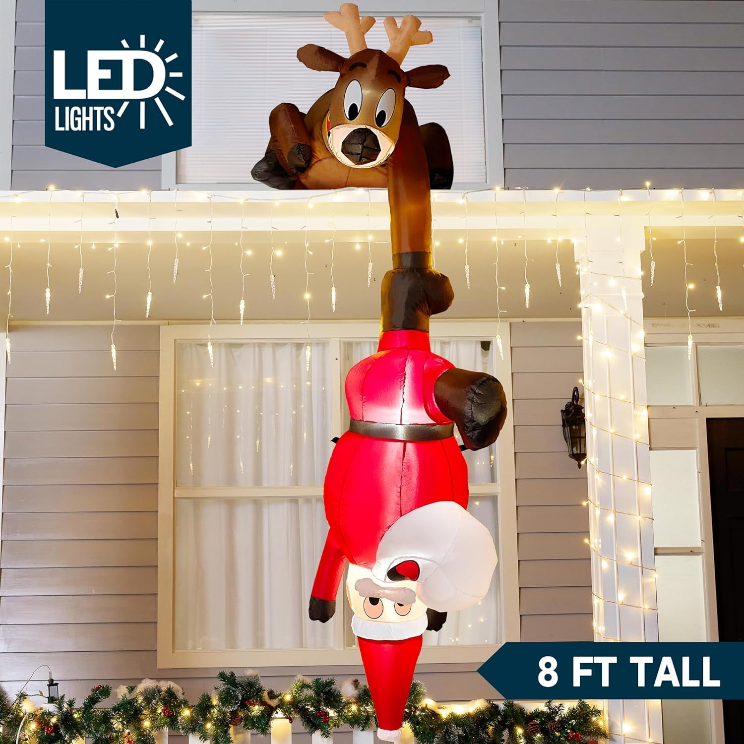 Syncfun 8 FT Christmas Inflatable Reindeer & Climbing Santa with LED Lights for Outdoor Holiday Decor