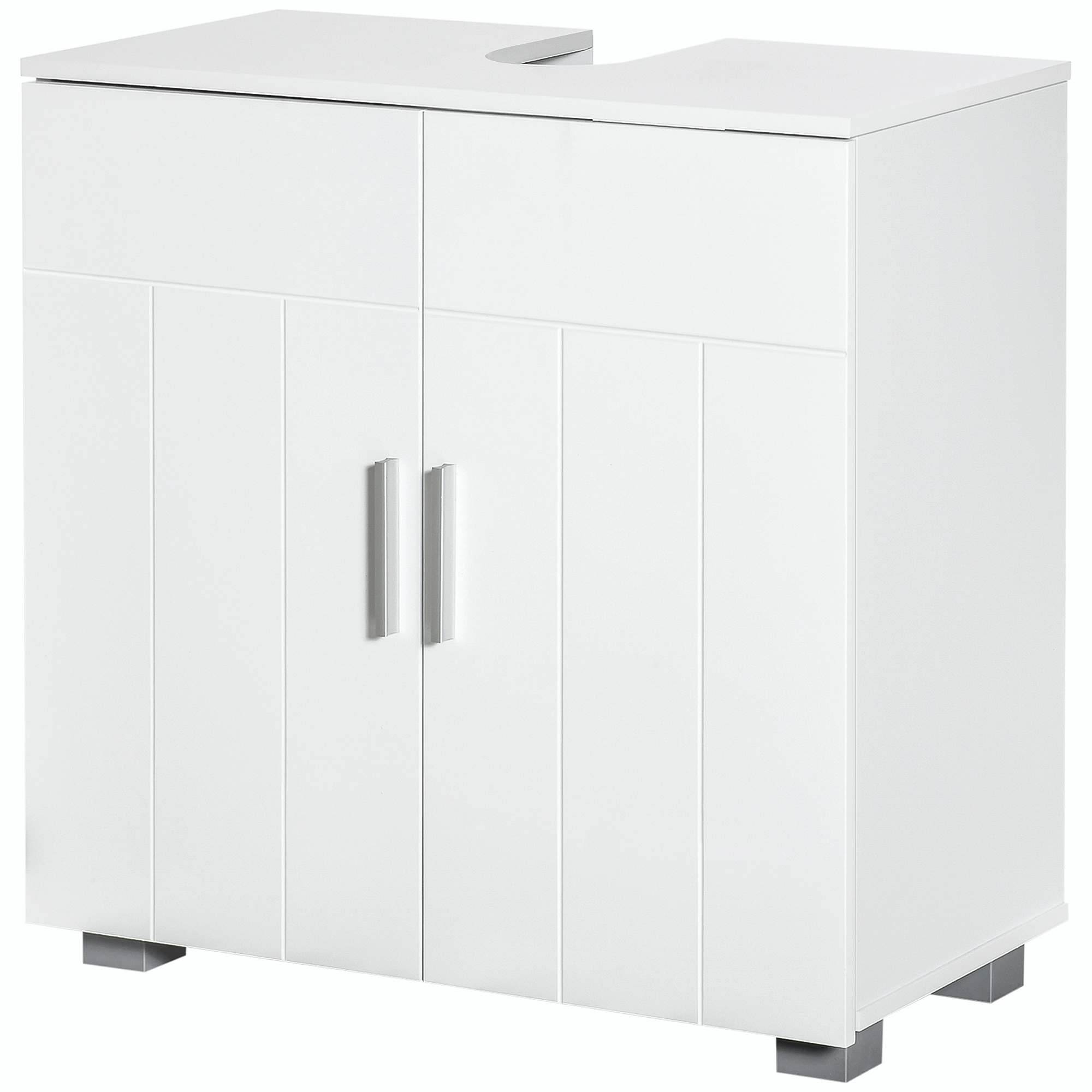 Kleankin Badezimmer-Unterschrank mit 2 Schwingtüren und 1 höhenverstellbaren Regal, auf Beinen, Griffe aus Aluminiumlegierung, Abmessungen 60L x 30B x 60H cm - MDF Weiß