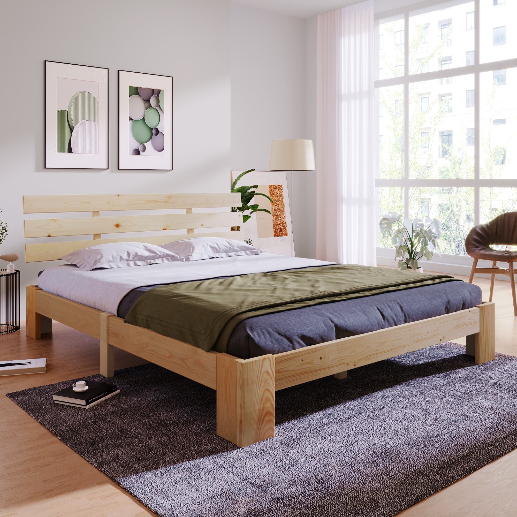 Bettgestell 140x200 Kiefernholz minimalistisch mit Stauraum, umweltfreundlich ohne Lattenrost Naturfarbe