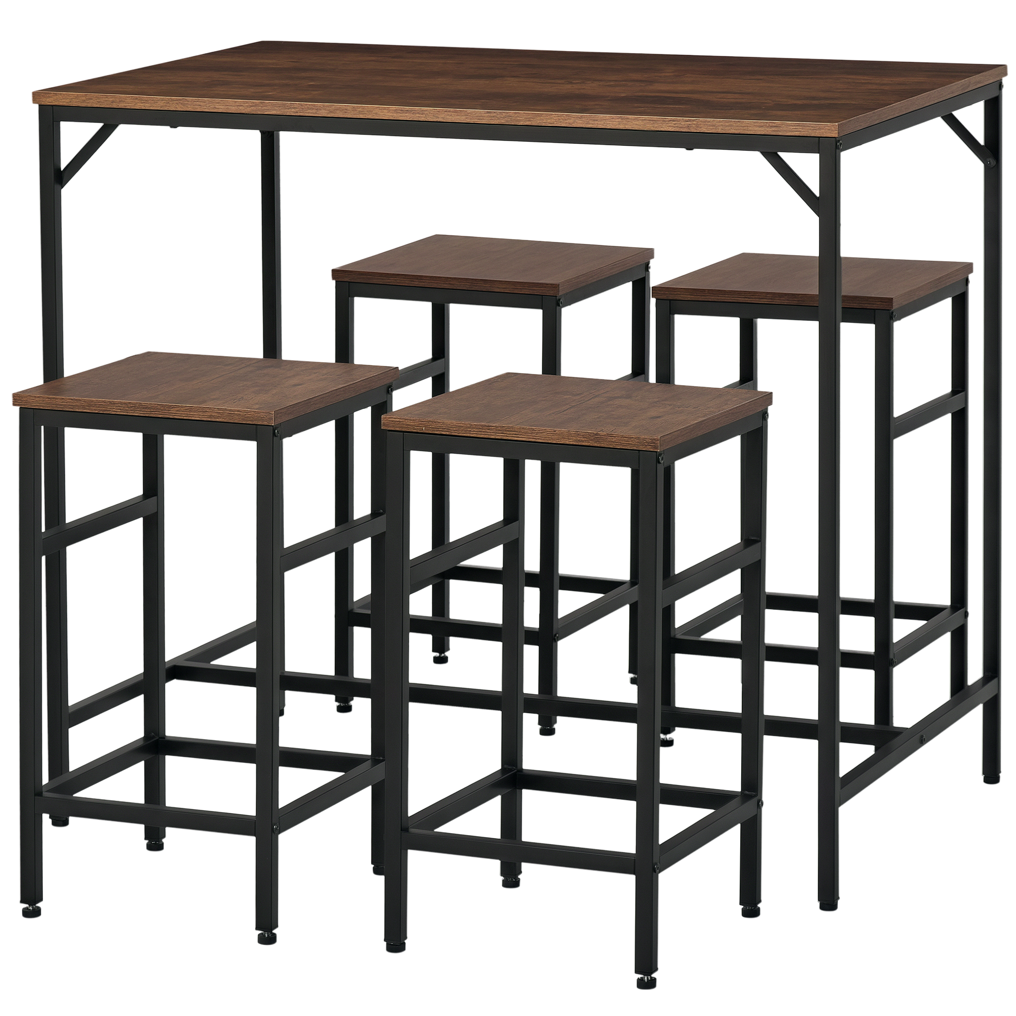 HOMCOM 5-teiliges Bartisch Set Bartisch mit Barhocker-Set Esstisch mit 4 Stühlen Küchentisch für Esszimmer, Küche, Rustikal-Braun+Schwarz