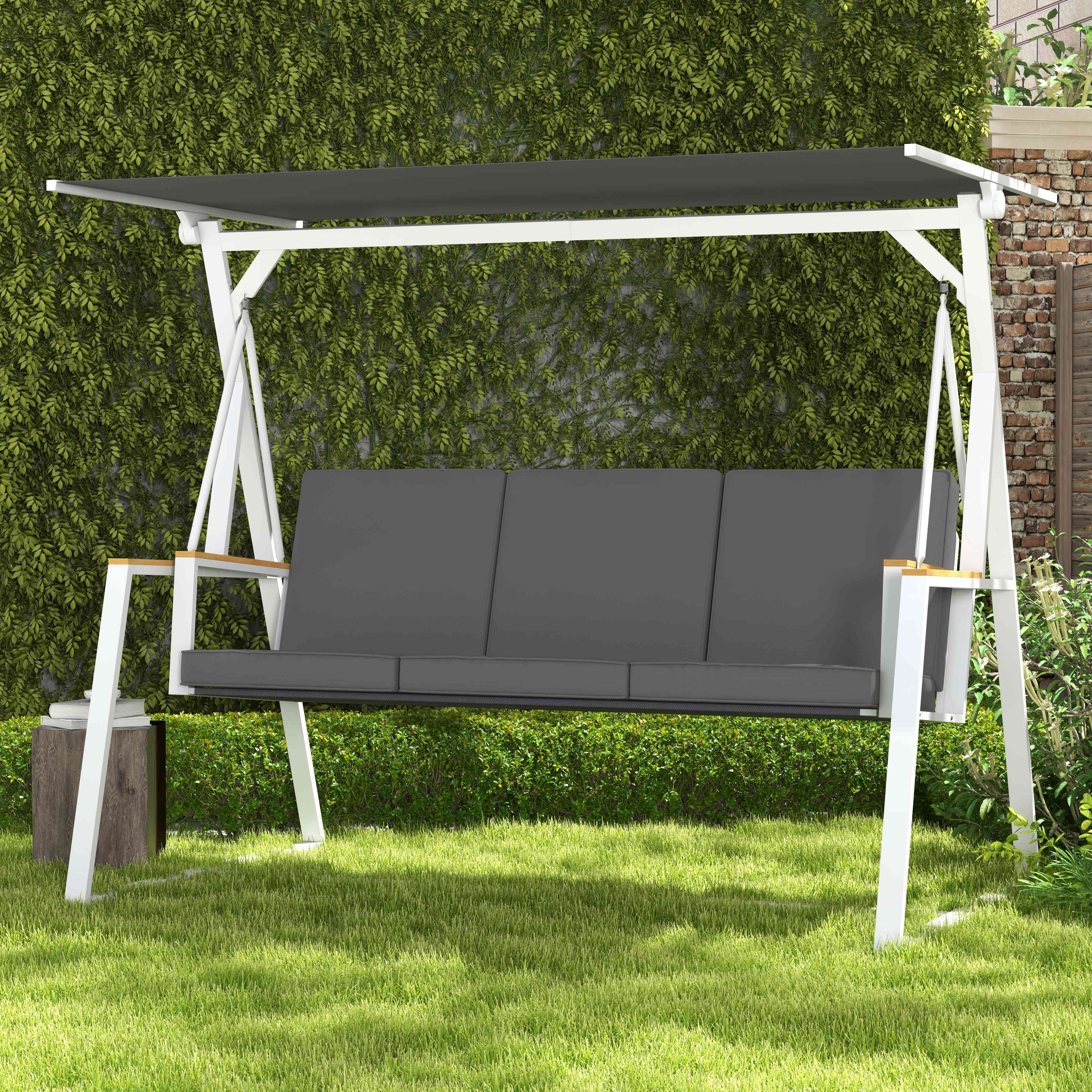 Outsunny Terrassenschaukel für 3 Personen mit verstellbarem Sonnendach inkl. Matratze Gesamtmaße 205L x 130B x 175H cm Dunkelgrau