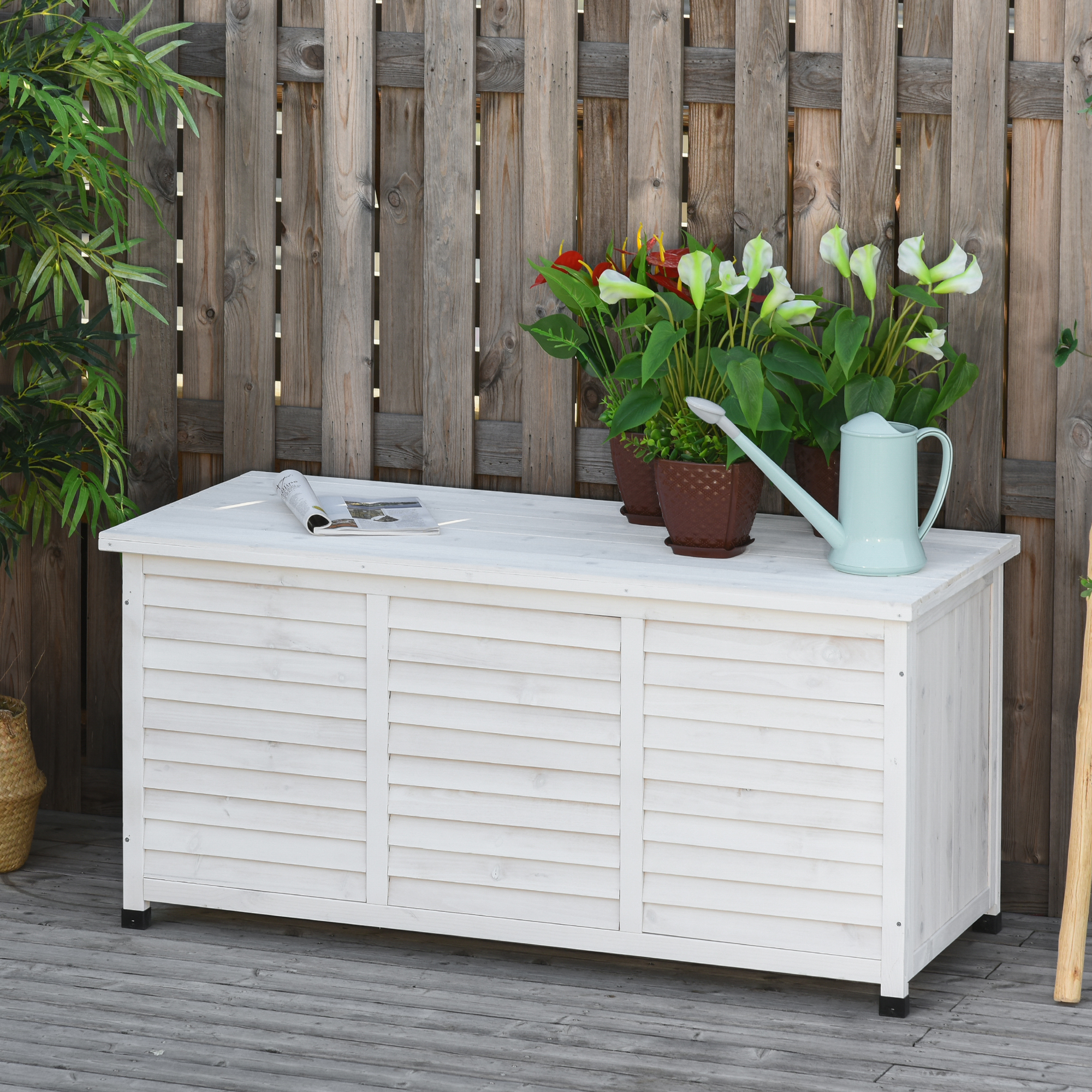 Outsunny Garten-Aufbewahrungsbank aus Fichtenholz, Outdoor-Aufbewahrungsbox mit rutschfesten Füßen 127x56x60cm, Weiß