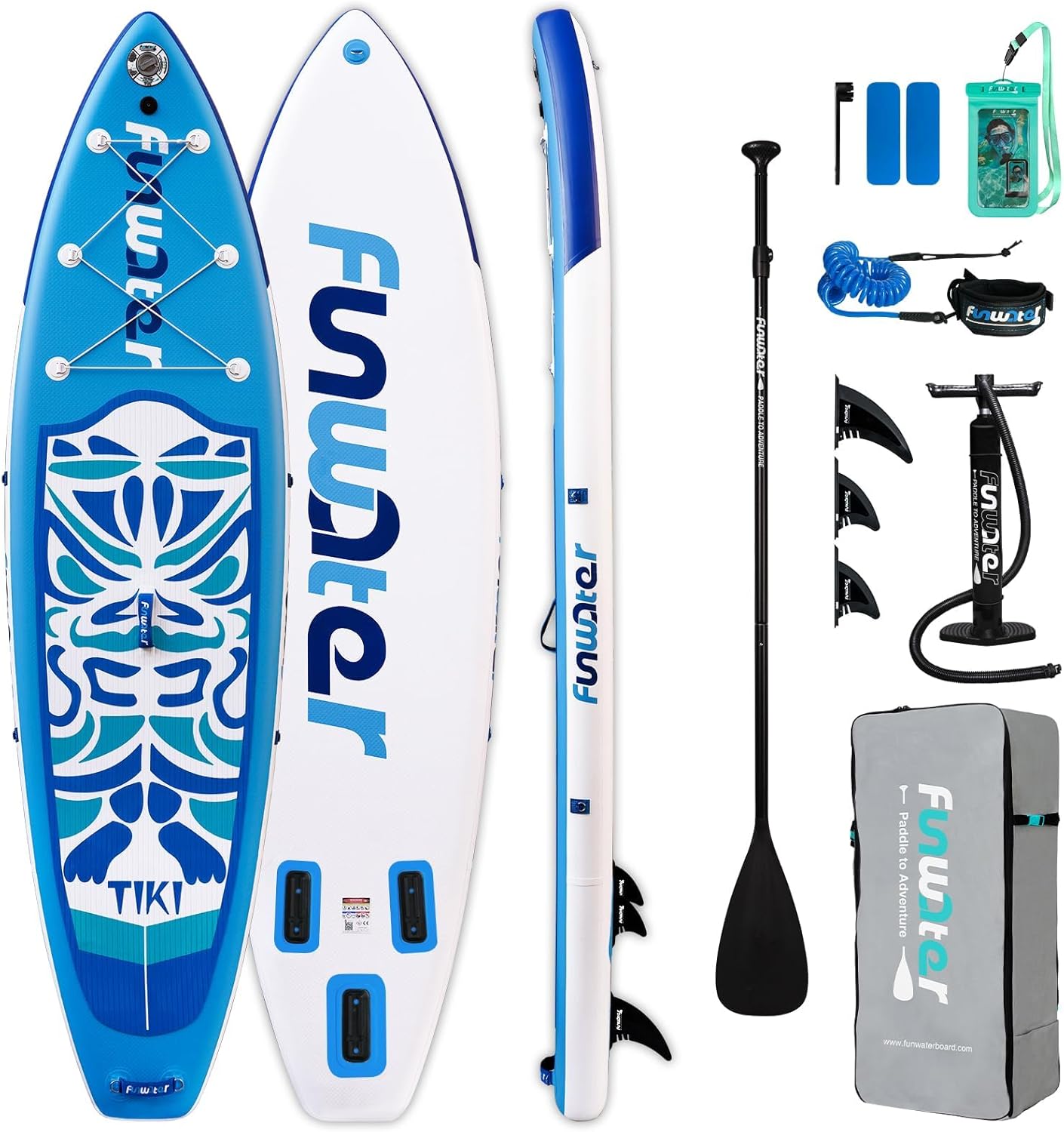 FunWater Tavola gonfiabile con pinne,guinzaglio di sicurezza,pompa a mano,pagaia,zaino Sup,per adulti e ragazzi di tutti i livelli