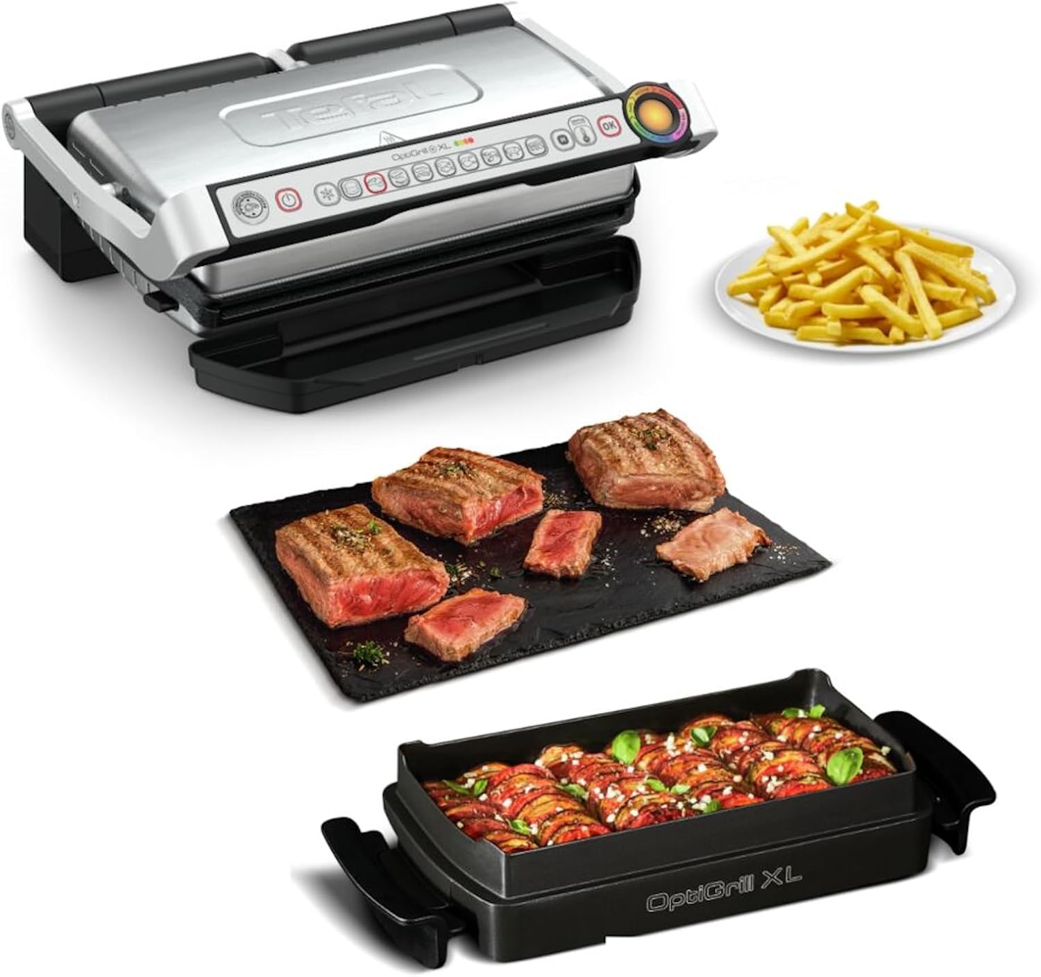 Tefal OptiGrill+ XL | Kontaktgrill mit automatischer Temperatur-Anpassung | 9 automatische Programme | XL-Grillfläche | inklusive Backschale | GC724D12