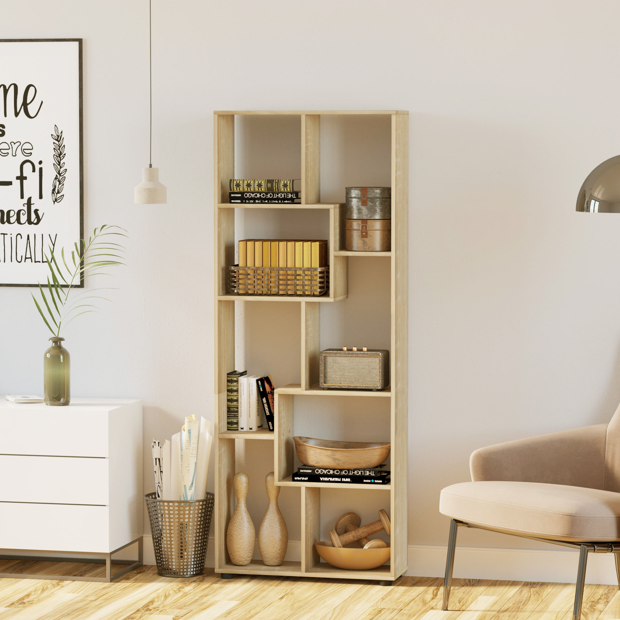 HOMCOM Bibliothek Regal Zig-Zag Design Zeitgenössisch 70L x 24B x 178H cm Spanplatten Naturholz