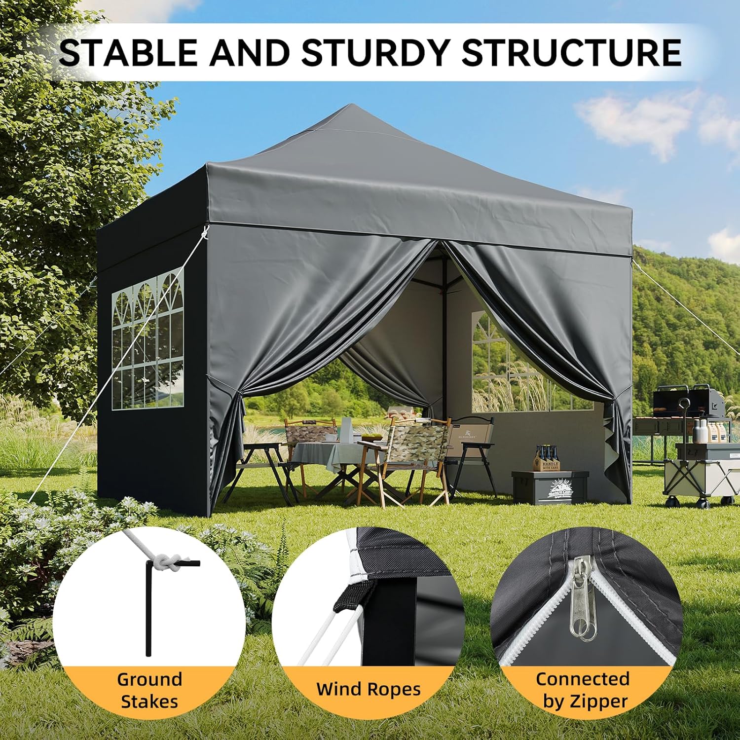 Aoxun Faltpavillon 3x3m Wasserdicht Stabil, Pop Up Pavillon mit Seitenwänden, UV-Schutz 50+ Gartenzelt Inkl. Rolltasche, Sandbags, Partyzelt Fuer Camping, Strand, Hochzeit und Outdoor Shelter, Grau