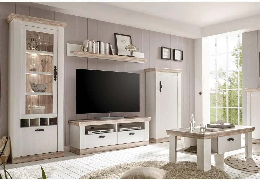 Lomadox Landhaus Wohnzimmer TV Media Wohnwand Set inkl. Couchtisch, Pinie weiß und Oslo Nb., inkl. Beleuchtung