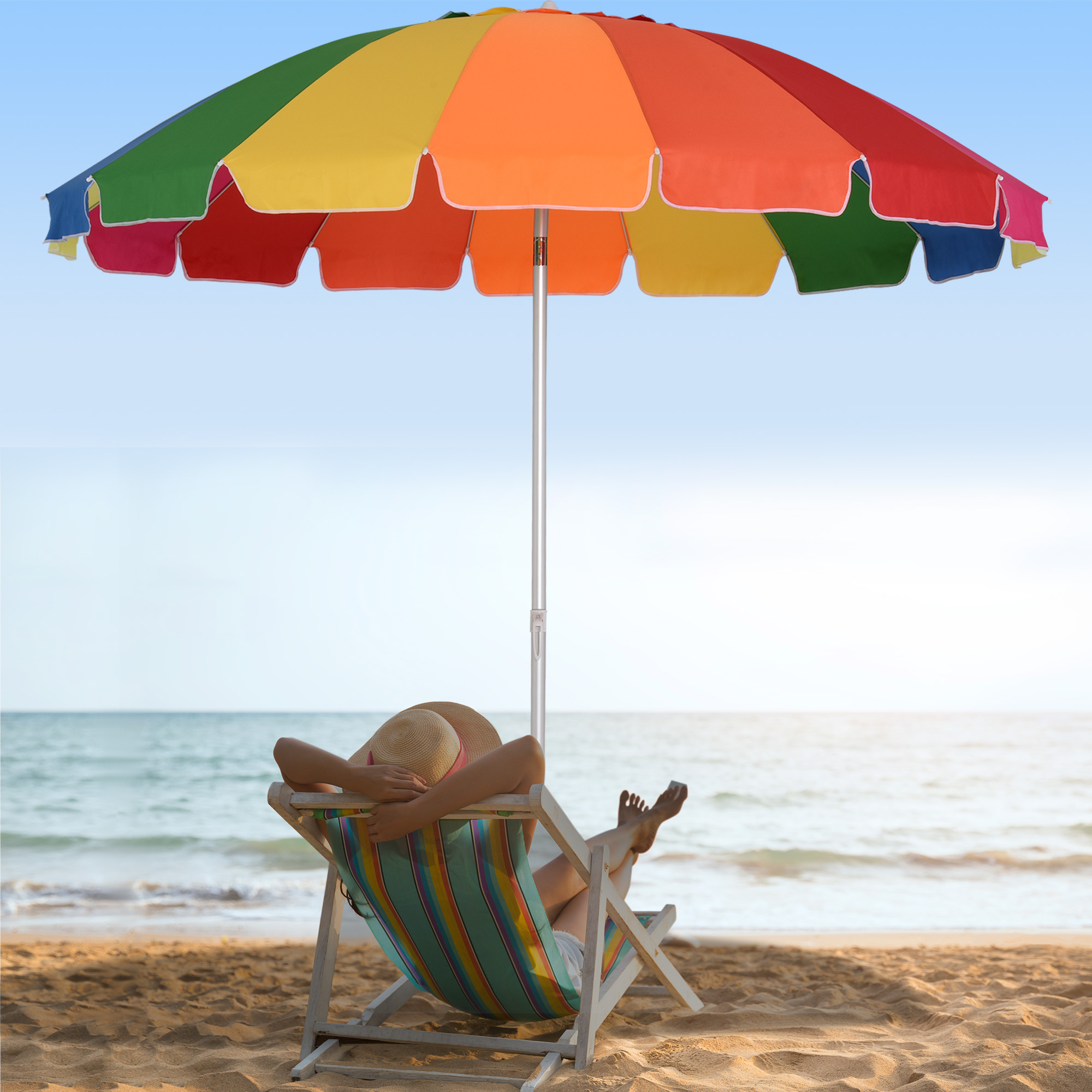 Outsunny Strand Sonnenschirm neigbarer runder Ø 223 cm hochdichter UV-beständiger Polyesterstoff demontierbarer Aluminiummast inkl. Tragetasche Multicolor