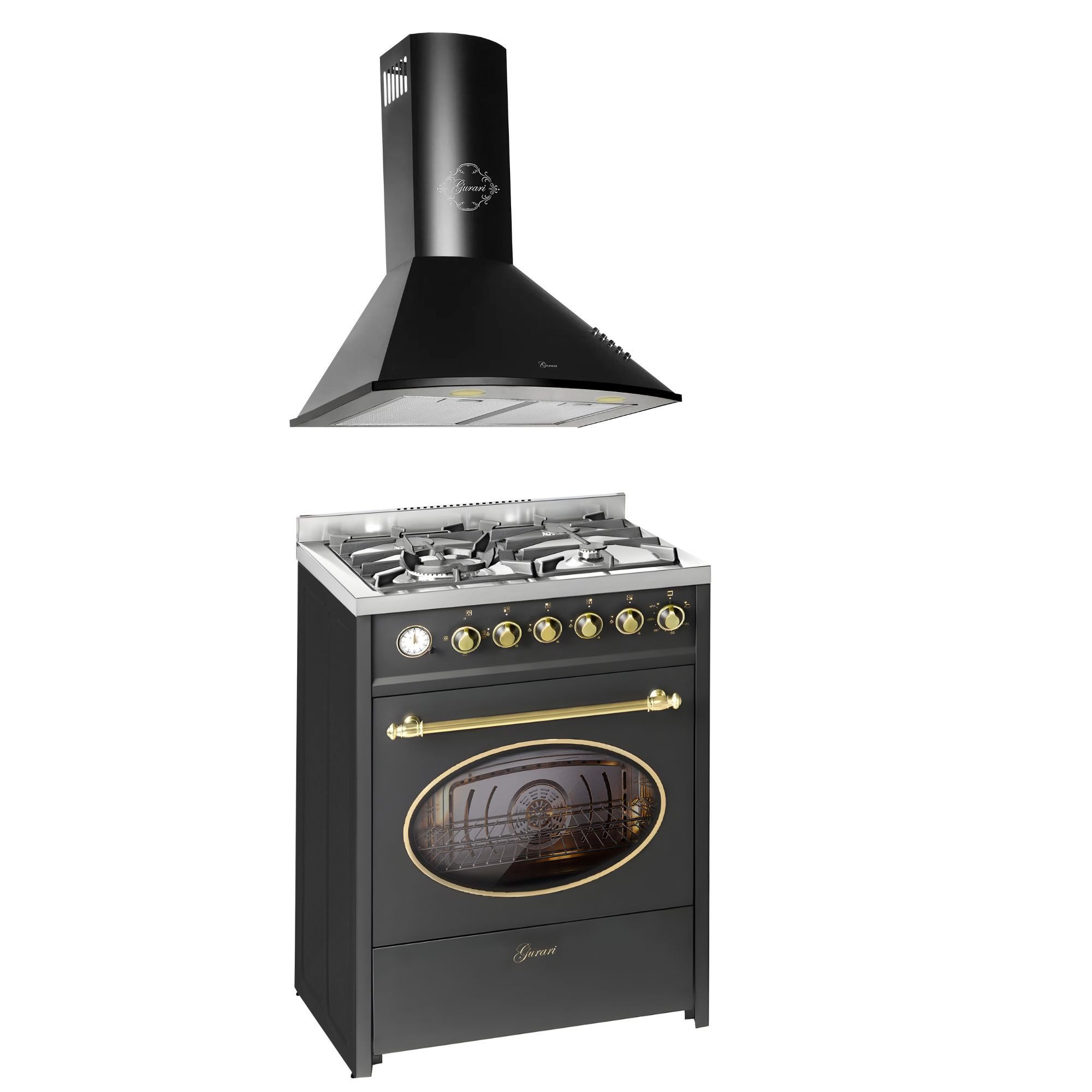 Gas-Standherd Retro Gas Elektro Standherd 60 cm Erdgas Fl.Gas 4 Kw WOK, 8 Funktionen+Dunstabzugshaube 60 cm E 614 BL r+GCH C 046 BL 6 N.