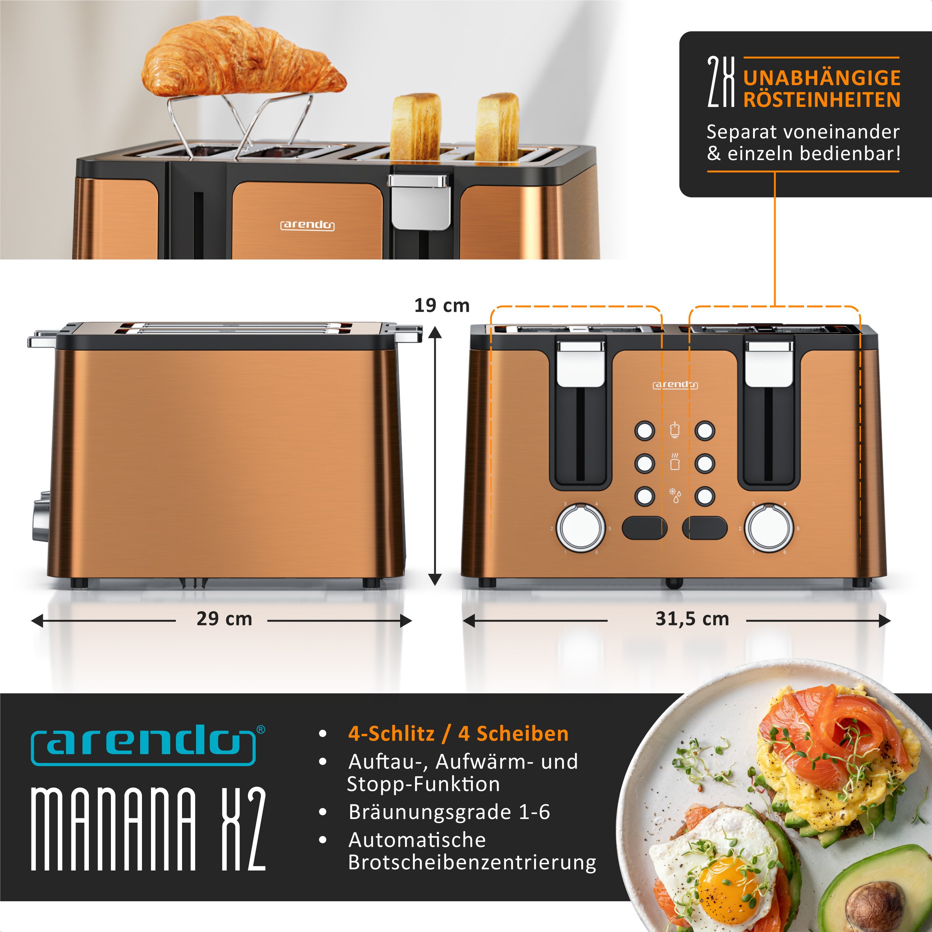Toaster Edelstahl, Brötchenaufsatz, Restzeitanzeige, Kupfer