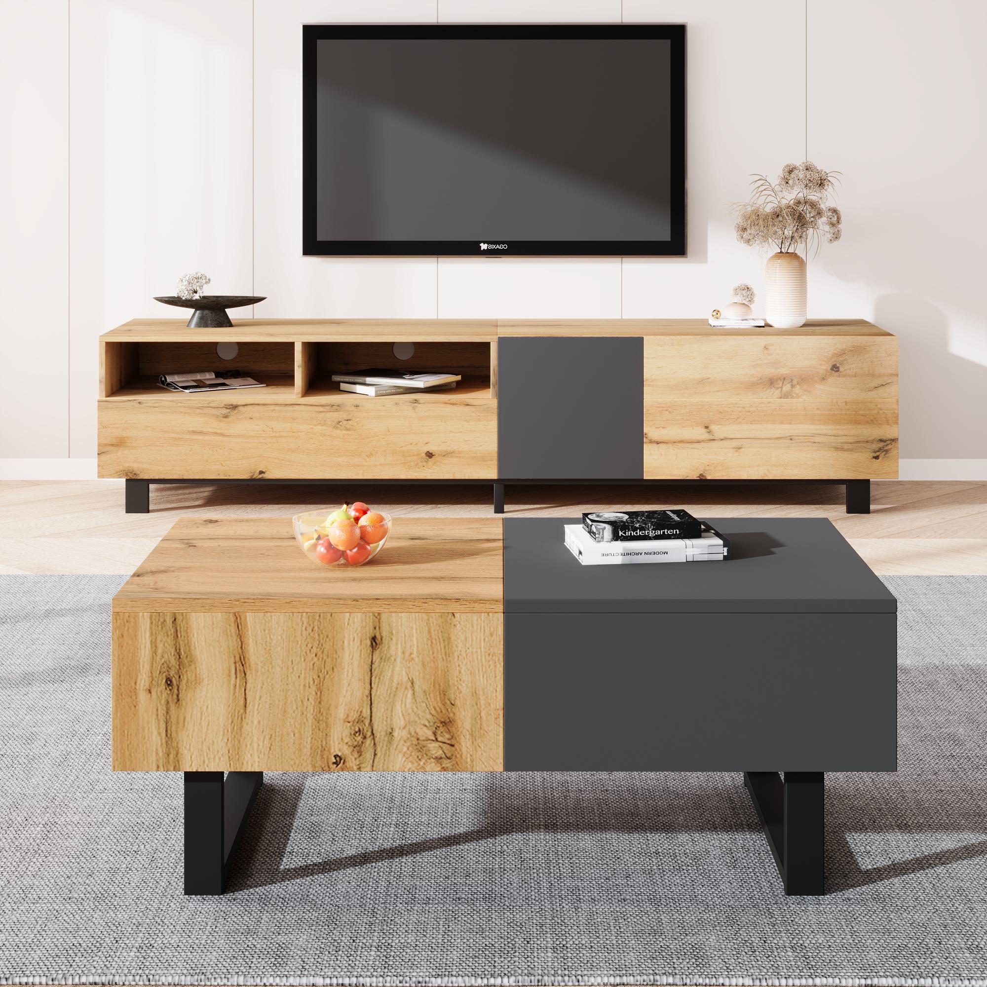 Wohnzimmertisch - Moderner, verschiebbarer Couchtisch mit verstecktem Stauraum, Holz- und Metallhalterung, 155x55x22 cm, Natürliche Farben