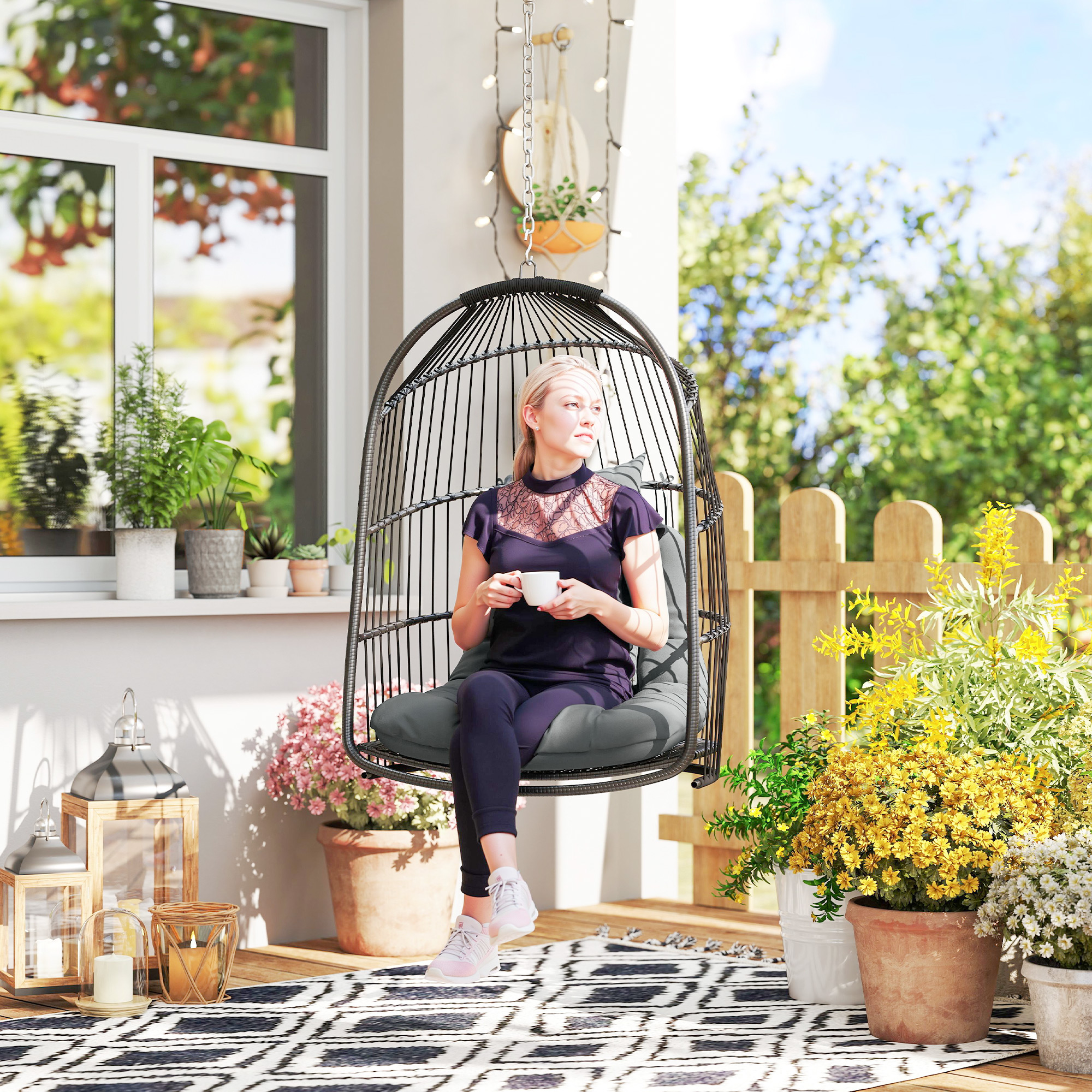Outsunny Hängesessel Hängekorb mit Kissen Polyrattan Schaukel Outdoor Indoor faltbar belastbar bis 150kg Dunkelgrau
