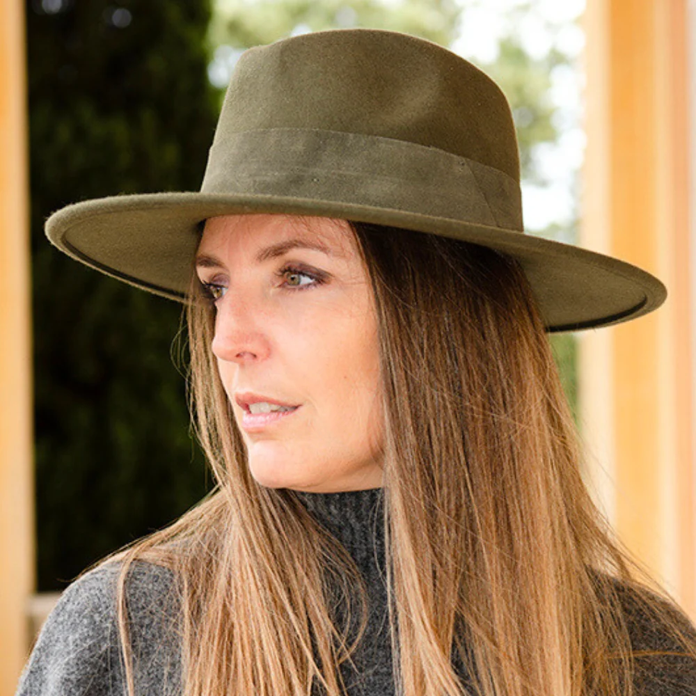 Wool Wide Brim Olive Hat with Large Suede Leather Band �?Stylish & Durable