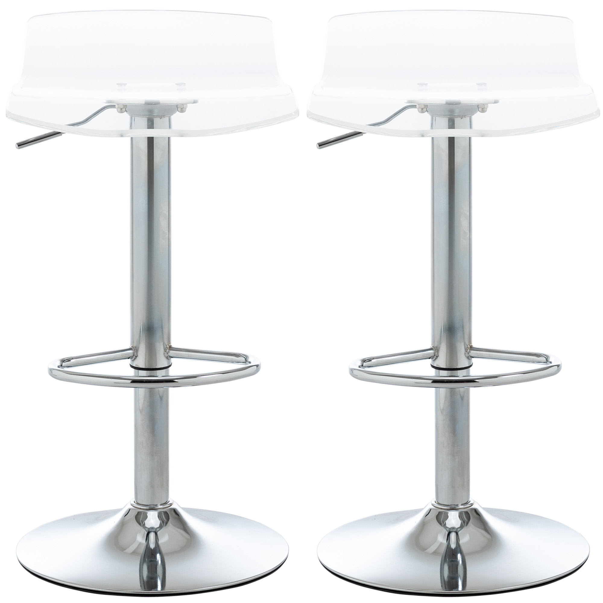 HOMCOM Set mit 2 zeitgenössischen Design-Barhockern, transparente Acryl-Sitzfläche und verchromtes Metallgestell - 360° drehbar - höhenverstellbar mit Fußstützen - transparent