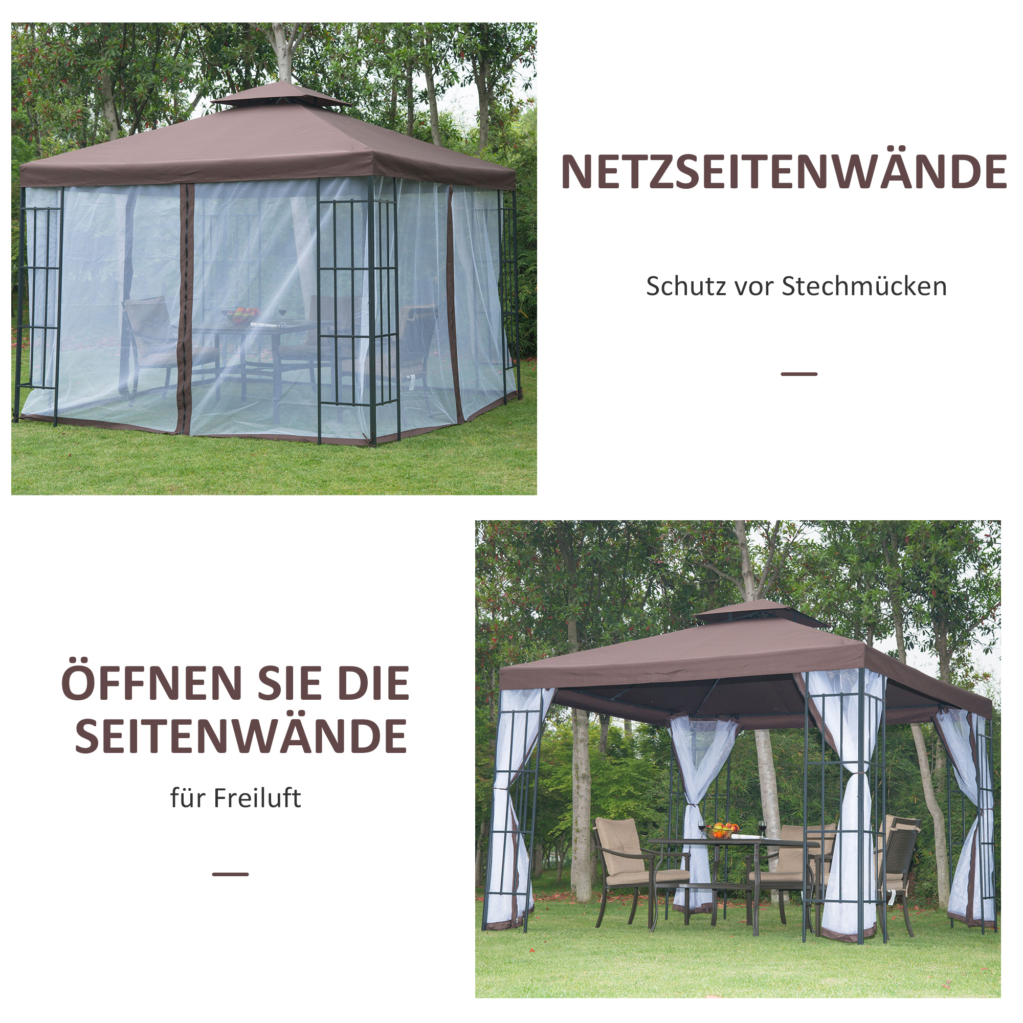 Outsunny Partytent in de tuin partytent paviljoen tuintent feesttent dubbel dak 3 x 3 m bruin