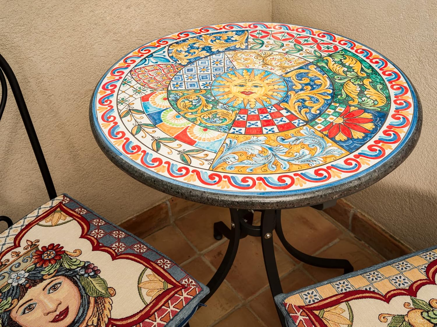 Terrecotte del Sole - Original Sicilian Lava Stone Table with Sicilian Decoration, Diameter 60 cm, Handmade and Decorated