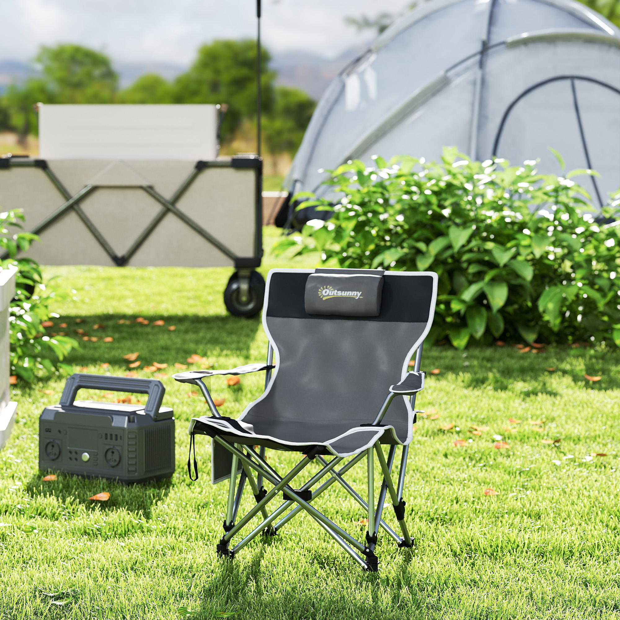 Outsunny Klappbarer Campingstuhl Anglerstuhl mit abnehmbarer Fußablage, Kopfstütze, Getränkehalter, Transporttasche grau