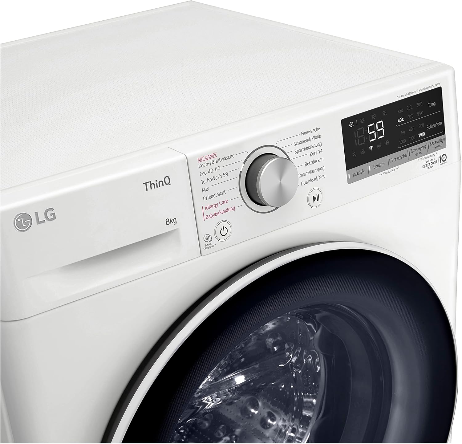 LG F4WV7080, Klasse A, Frontlader-Waschmaschine 8 kg, 1400 U/Min, AI Direct Drive, Wi-Fi, Tiefenreinigung mit Dampf, Groe Kapazitt, TRIPLE A, Auentür aus Sicherheitsglas, 62 x 60 x 85 cm Wei