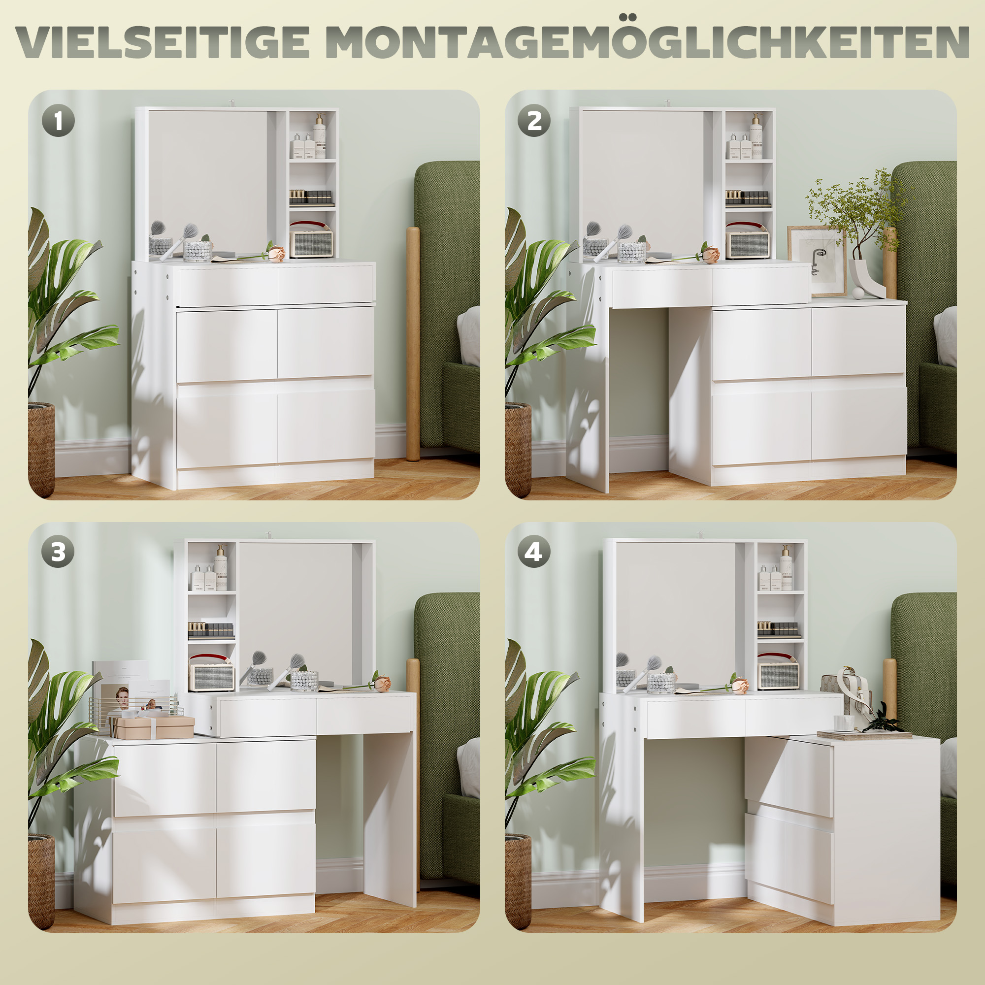 Kaptafel, Makeup-Tafel met Grote Spiegel, 4 Laden, 3 Open Vakken, 2 Kasten, MDF, Wit
