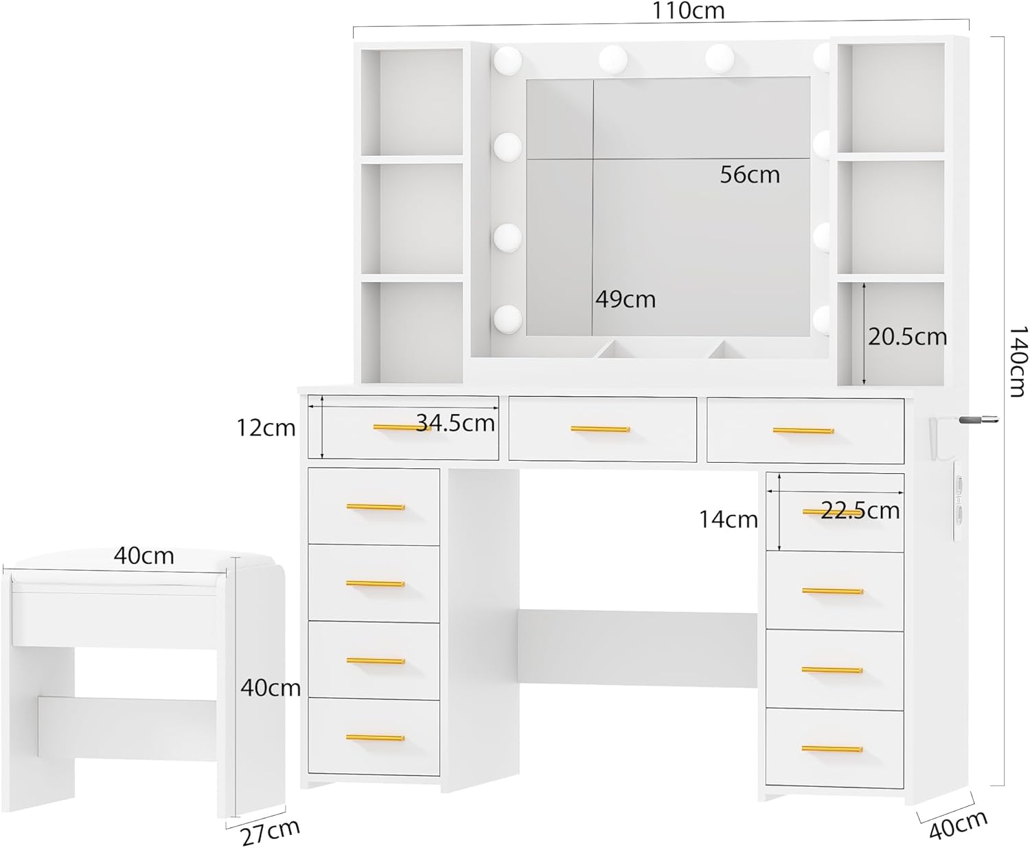 ANWBROAD BDT86W 110 cm Makeup Dressing Table with Mirror Lights and Socket, Adjustable Brightness, Make-up Dressing Table with Stool 11 Drawers Large Makeup Table with 6 Open Shelves White Makeup