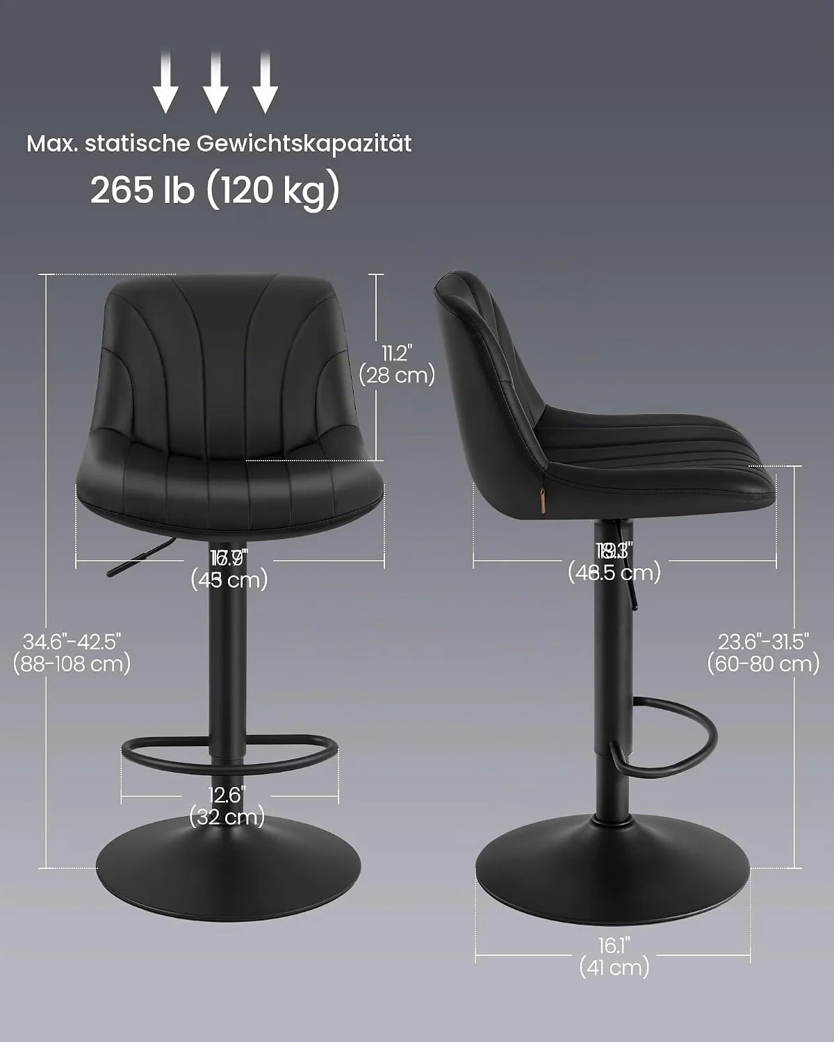 VASAGLE Barhocker mit gepolstertem Sitz, drehbar und höhenverstellbar