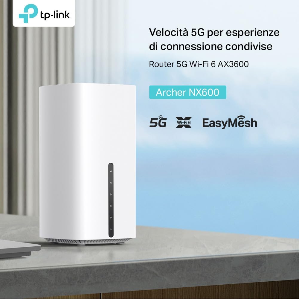 TP-Link Archer NX600 Router 5G Wi-Fi 6 AX3600Mbps Dual Band, Porta WAN/LAN 2.5G+2×Porte Gigabit LAN, Plug & Play, 4K-QAM, 8×5G/LTE, 2×Wi-Fi Antenne Interne, EasyMesh, HomeShield