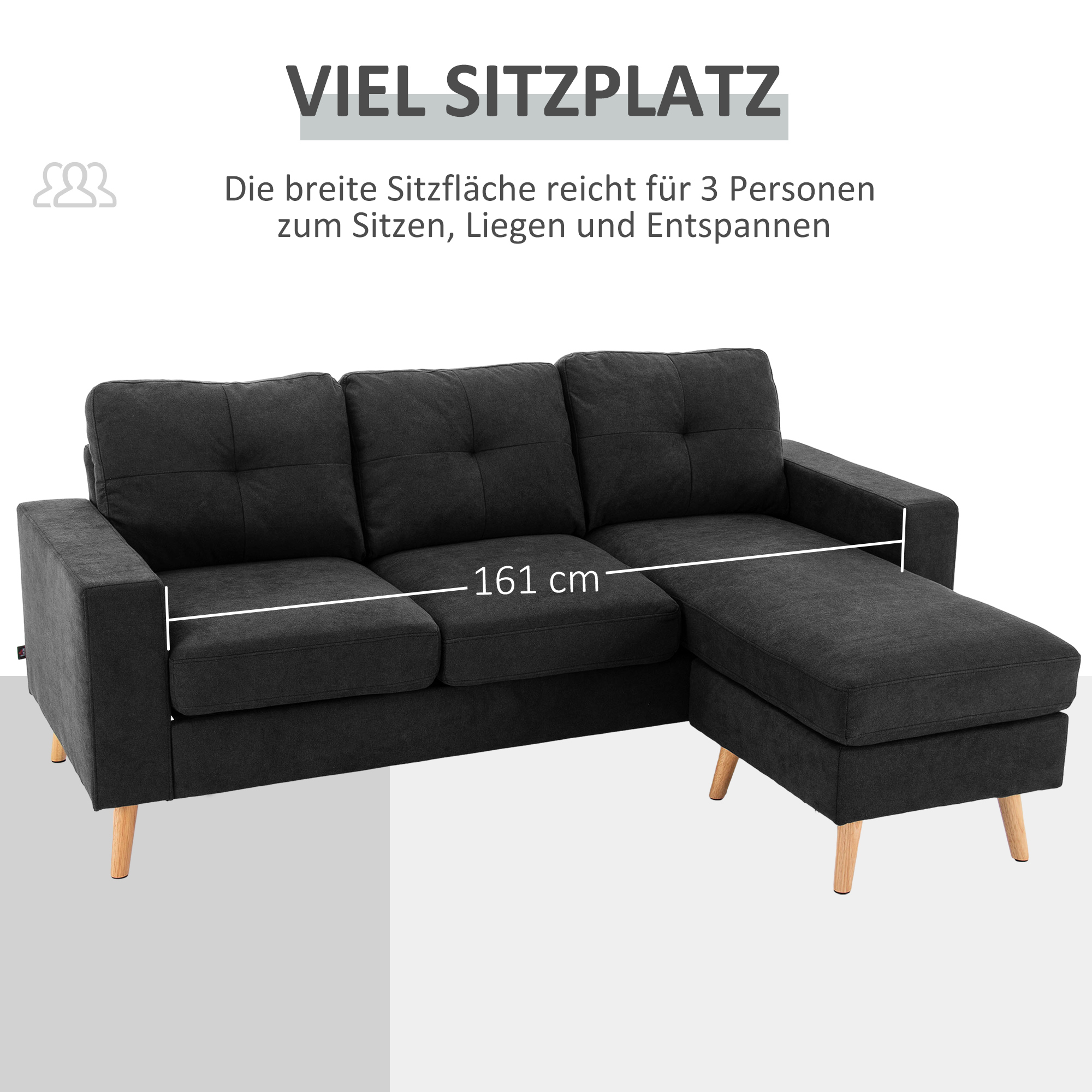 3-zits hoekbank, linnenlook, omkeerbare chaise longue, 193x136x85 cm, zwart