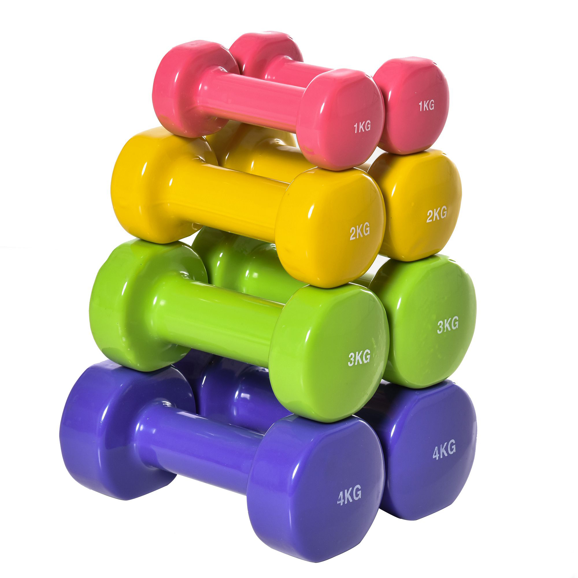 HOMCOM Set aus 8 hexagonalen Hanteln, Gesamtgewicht 20 kg, Set aus 8 kurzen Hanteln für das Fitnessstudio mit Polyurethanbeschichtung in Multicolor