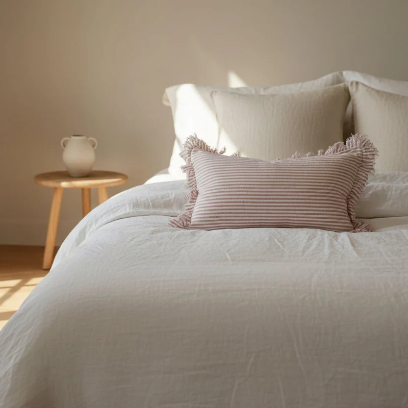 Pink Stripe Stonewashed Linen Lumbar Cushion  �C Ruffled Edge, 50x30cm