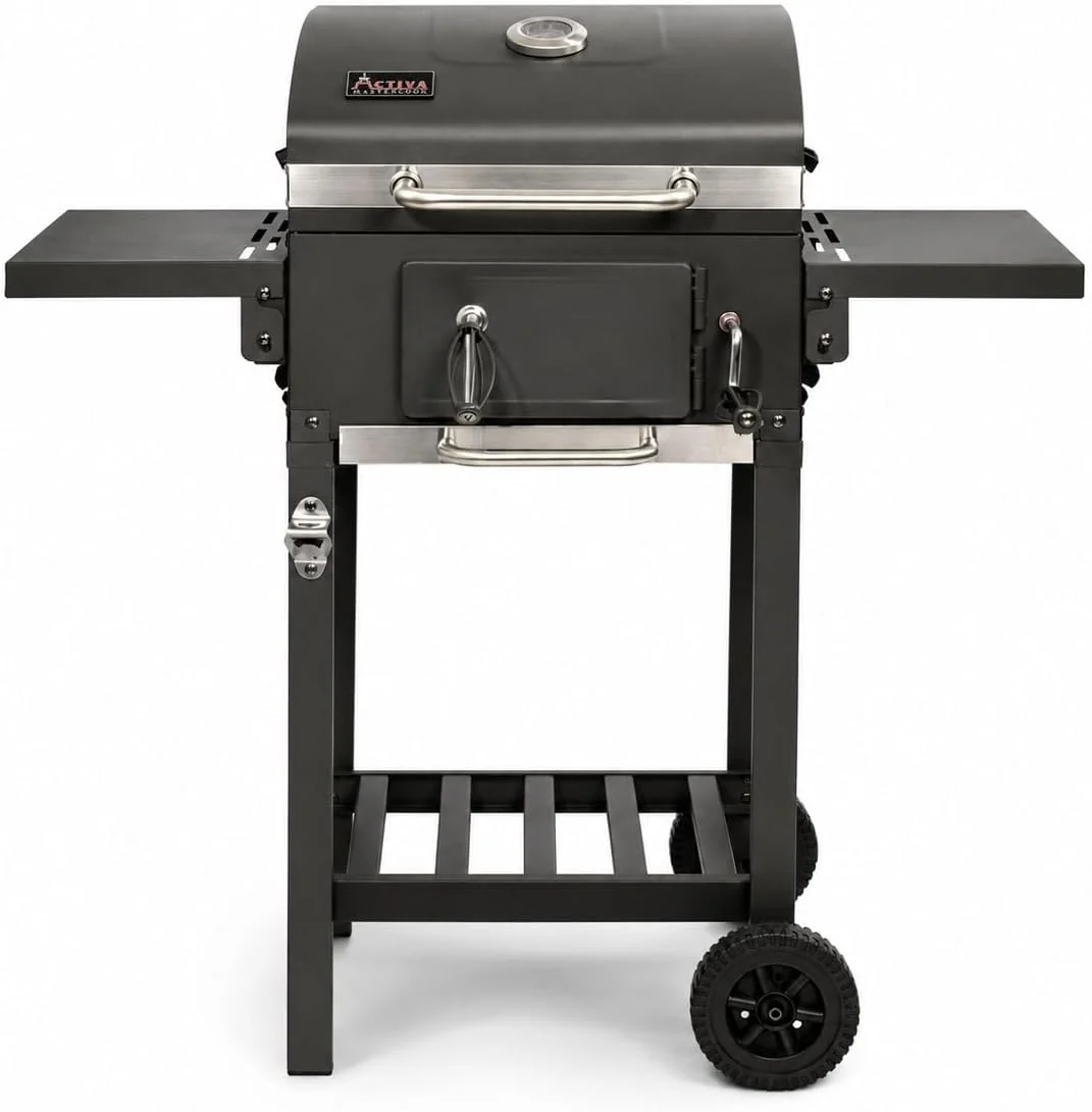 ACTIVA Holzkohlegrill, Schwarz, Angular Smart mit Gusseisen-Grillrost I Grillwagen mit, höhenverstellbarer Kohlewanne & Thermometer I Outdoor BBQ