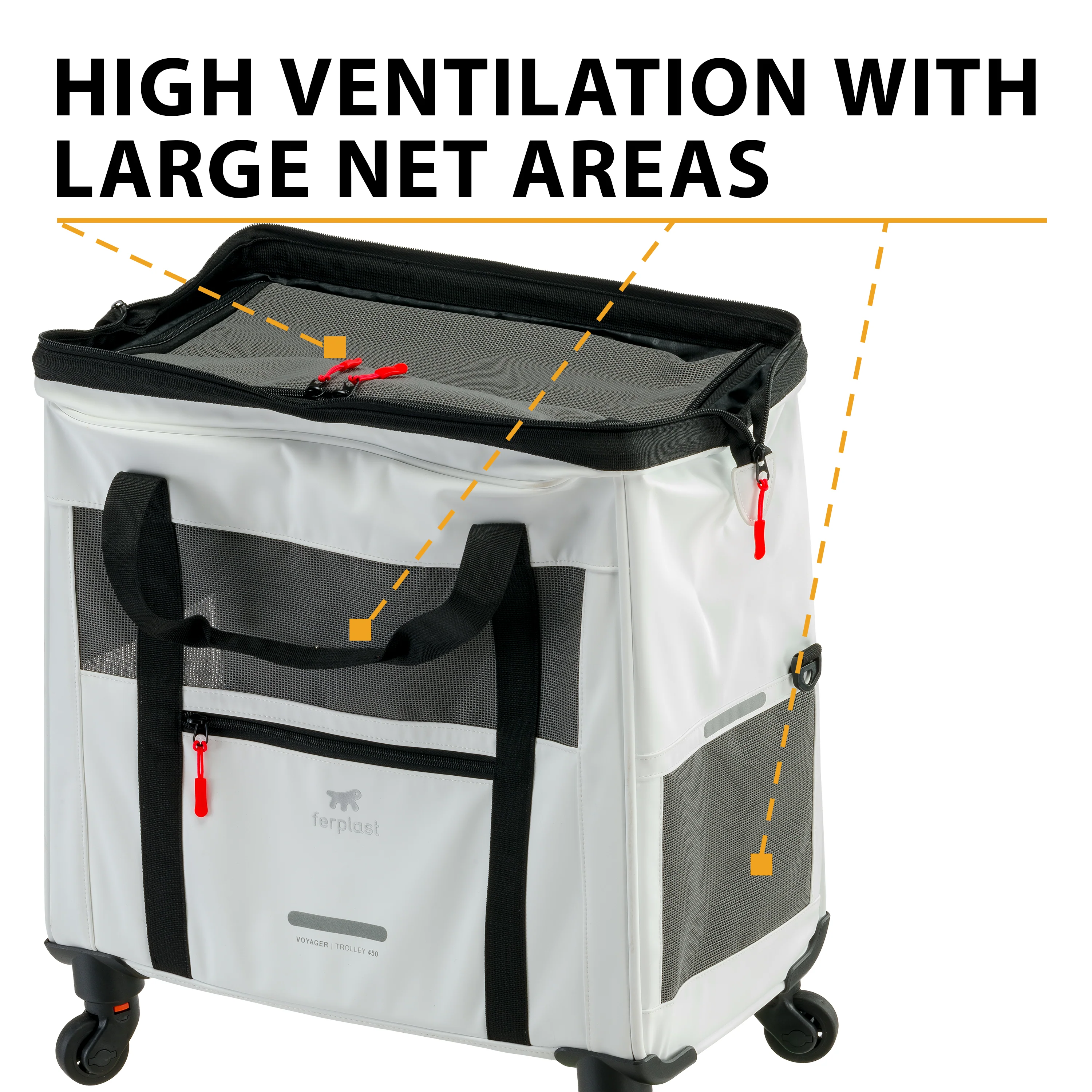 2025 Voyager Trolley di Ferplast – elegante e leggero trolley in similpelle per gatti e cani di piccola taglia fino a 15 kg. Con ruote, finestre in rete e cintura di sicurezza – perfetto per viaggi comodi.