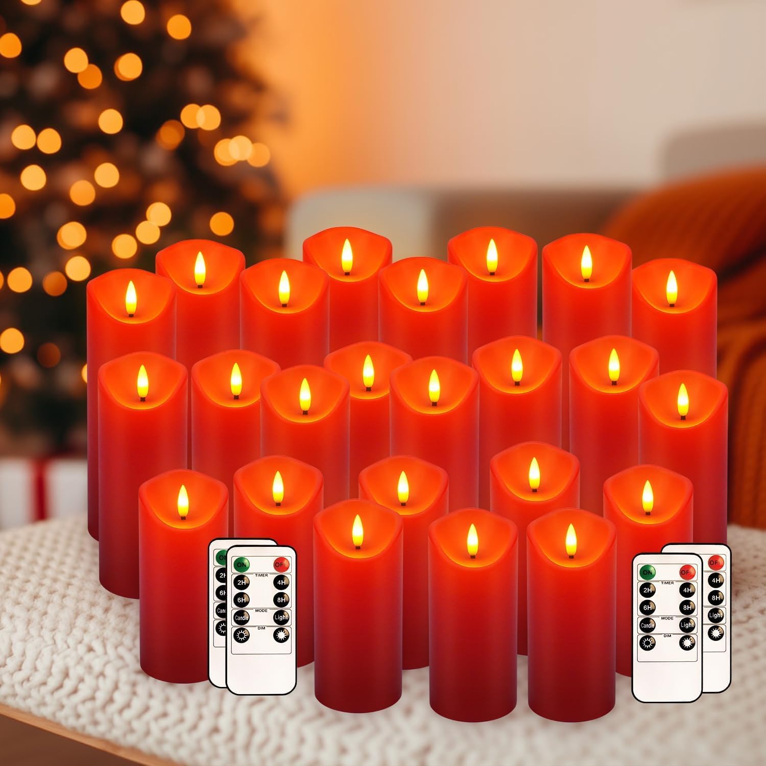 Flackernde flammenlose LED-Kerzen, batteriebetriebene Stumpenkerzen mit Fernbedienung, für Neujahr, Heimdekoration, Partys, Hochzeiten, 24 Stück (T 5 x H 12,7 cm, 15,2 cm, 17,8 cm, Rot)