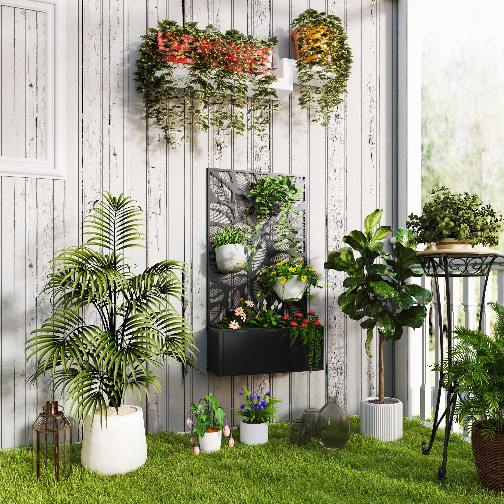 Outsunny Jardinière mit Gitter rechteckiger Blumenkasten große Größe Metallsichtschutzpaneel 61 x 23 x 113 cm Schwarz