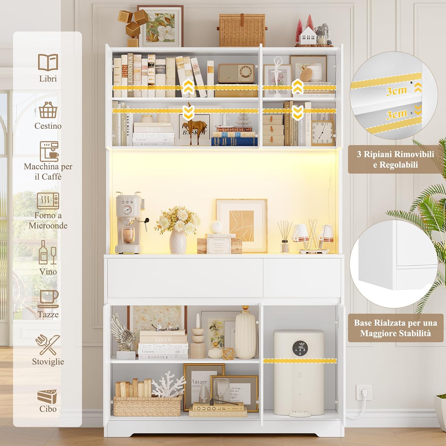 FirFurd Mobile Cucina, Credenza Cucina Alta con Presa e Luce LED, Mobile Dispensa con Ripiani Regolabili, Ampio Piano di Lavoro, per Sala da Pranzo, Soggiorno, 100x38,5x180cm (Bianco)