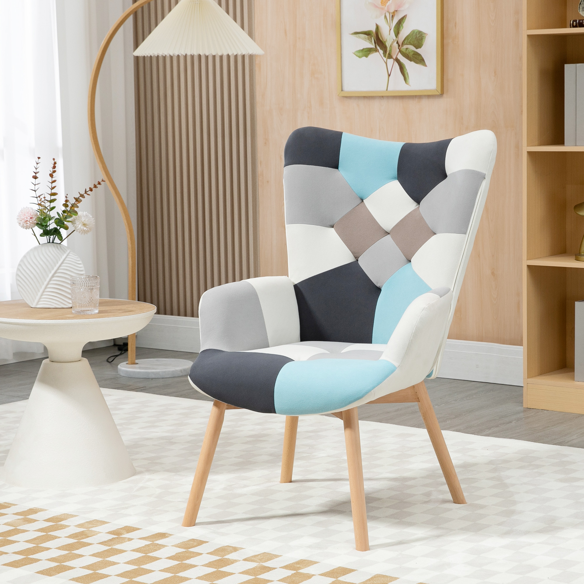 HOMCOM Ohrensessel mit gestepptem Samtbezug und Holzbeinen, 66x76x98cm, Mehrfarbig